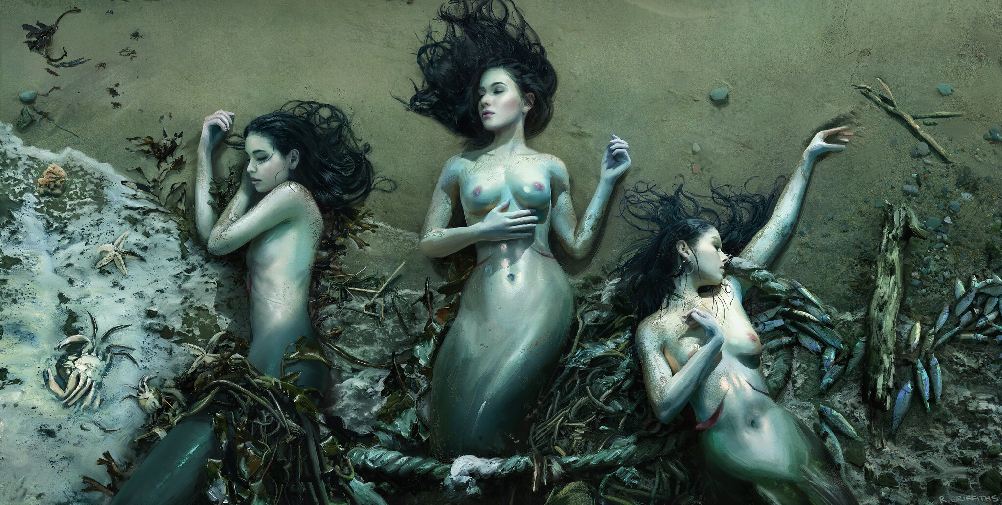 After the storm - NSFW, Drawing, Mermaid, Girls, Shore, Storm, Art