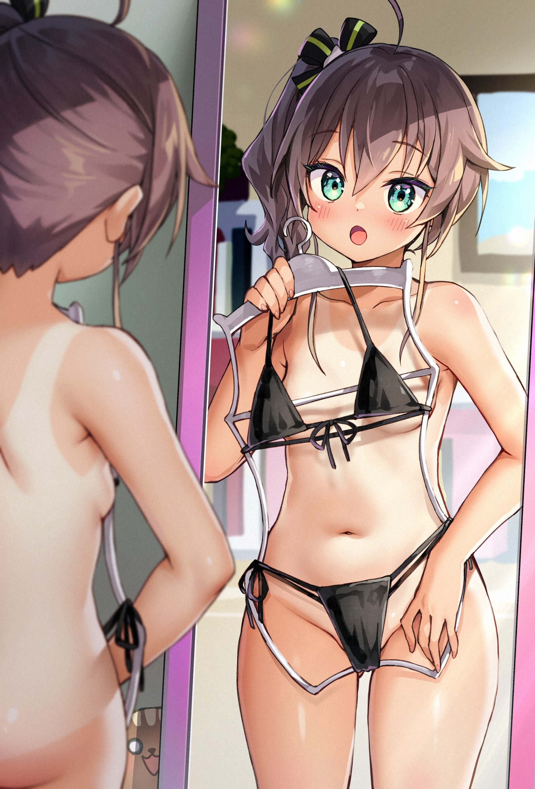 Natsuiro Matsuri - NSFW, Art, Anime, Anime art, Hololive, Virtual youtuber, Natsuiro Matsuri, Girls, Erotic, Hand-drawn erotica, Boobs, Booty, Nudity, Swimsuit, Bikini, Back view, Mirror, Reflection