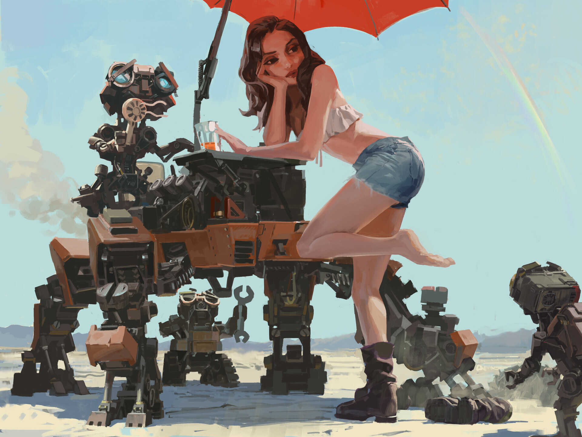 In the company of robots - Drawing, Girls, Robot, Heat, Beverages, Umbrella, Park Pyeongjun, Art