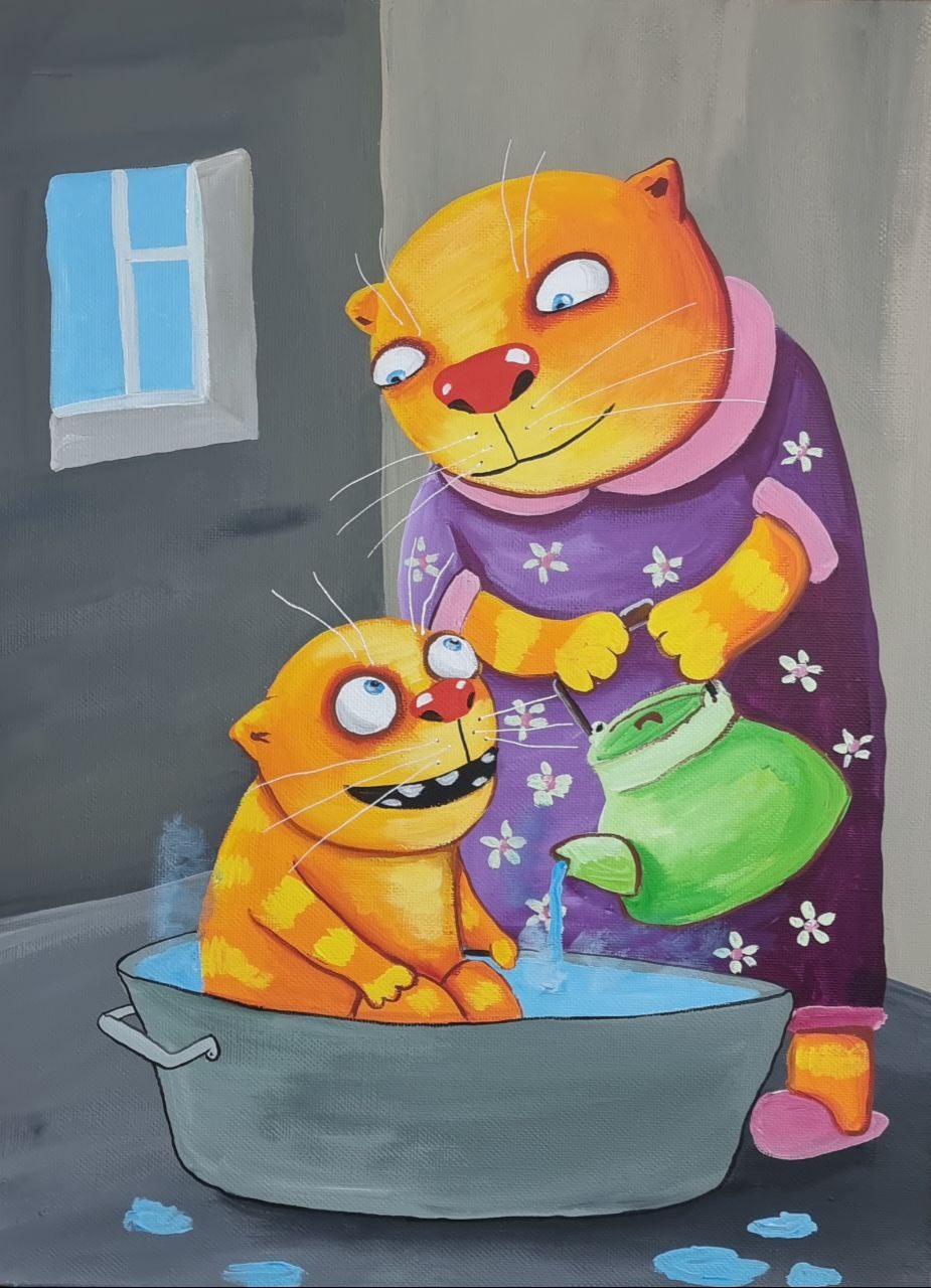 Water procedures - Humor, Vasya Lozhkin, cat, Painting