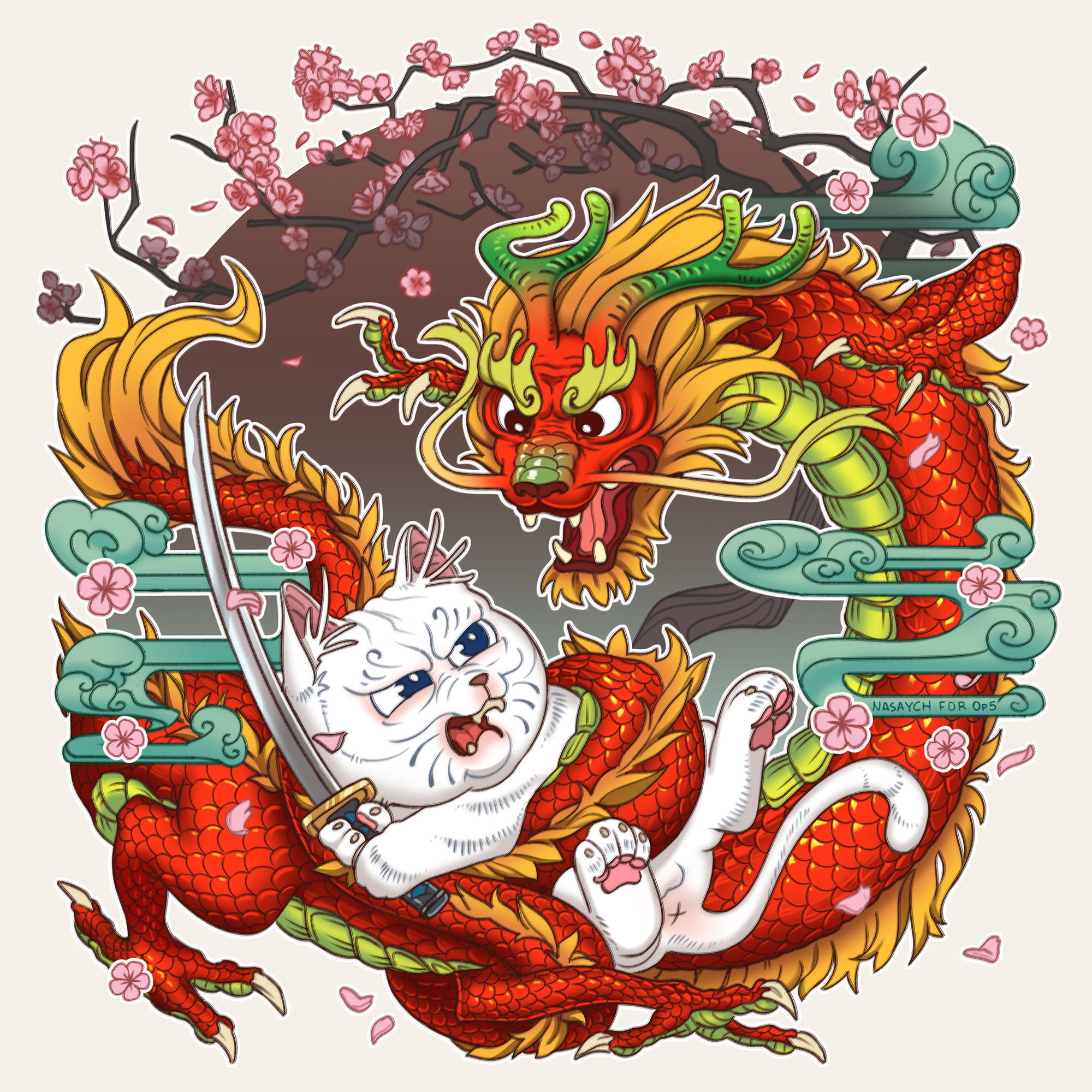 The Dragon and the Cat Under the Cherry Blossoms - My, cat, Digital drawing, Art