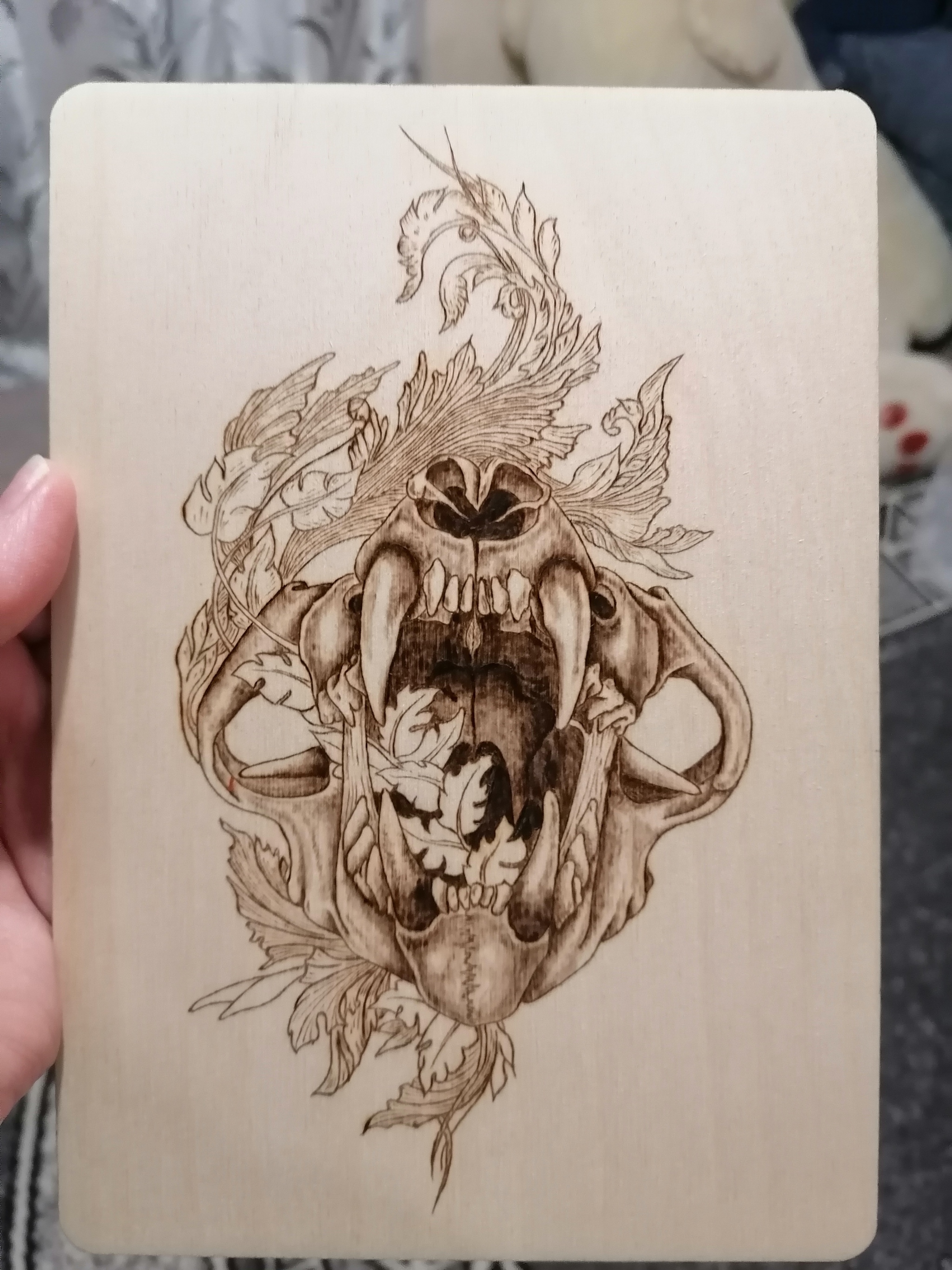 I share my work. Wood burning - My, Scorcher, Pyrography, Needlework without process, Needlework, With your own hands, Witcher, The Witcher 3: Wild Hunt, Scull, Flowers, Spring, Longpost