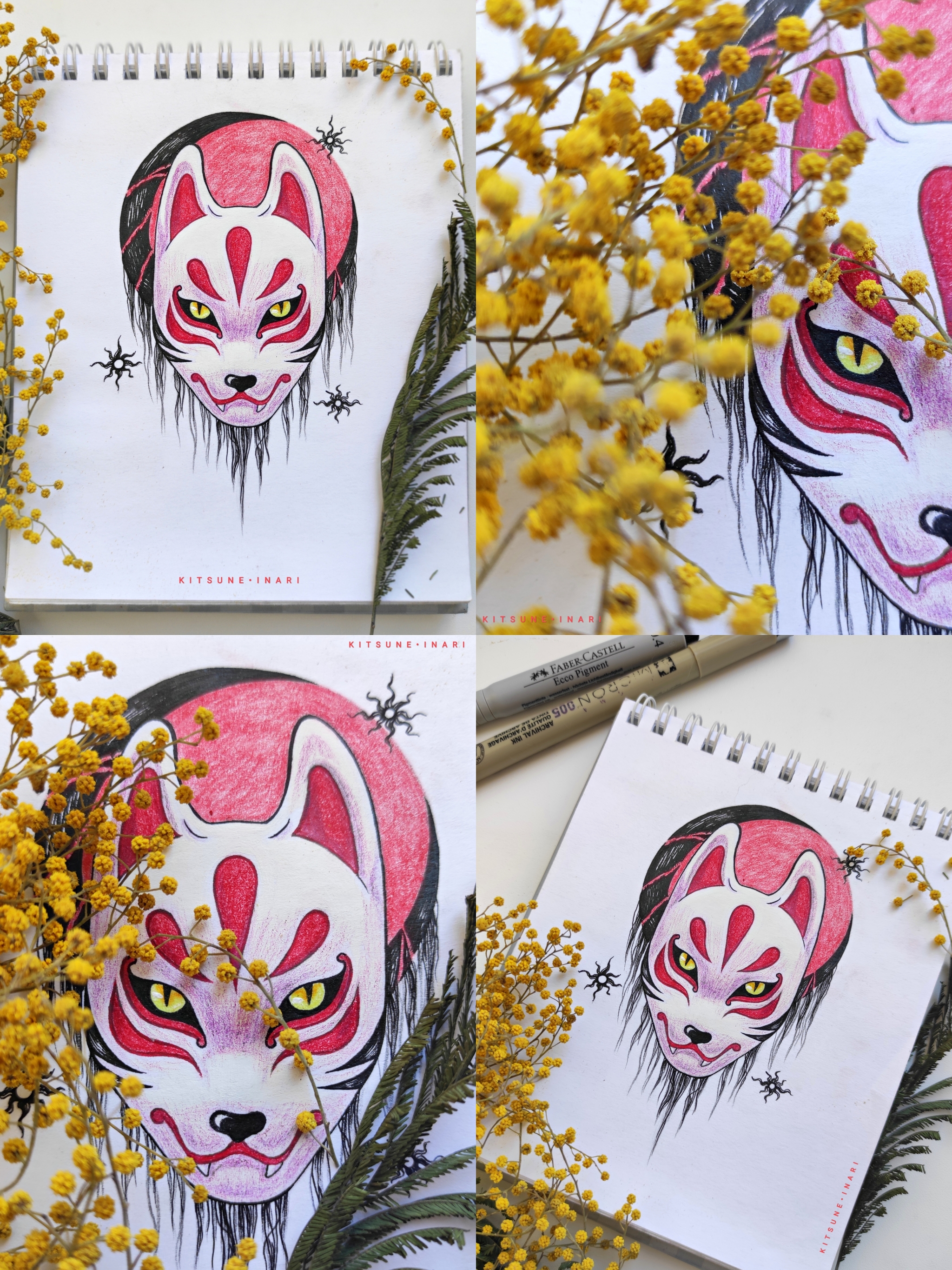 Fox Mask - My, Creation, Fox, Painting, Illustrations, Mask, Colour pencils, Watercolor pencils, Art, Drawing, Kitsune, Traditional art, Fantasy, Demon, I share, Flowers, Creative, moon, Sketch, Red, Yokai