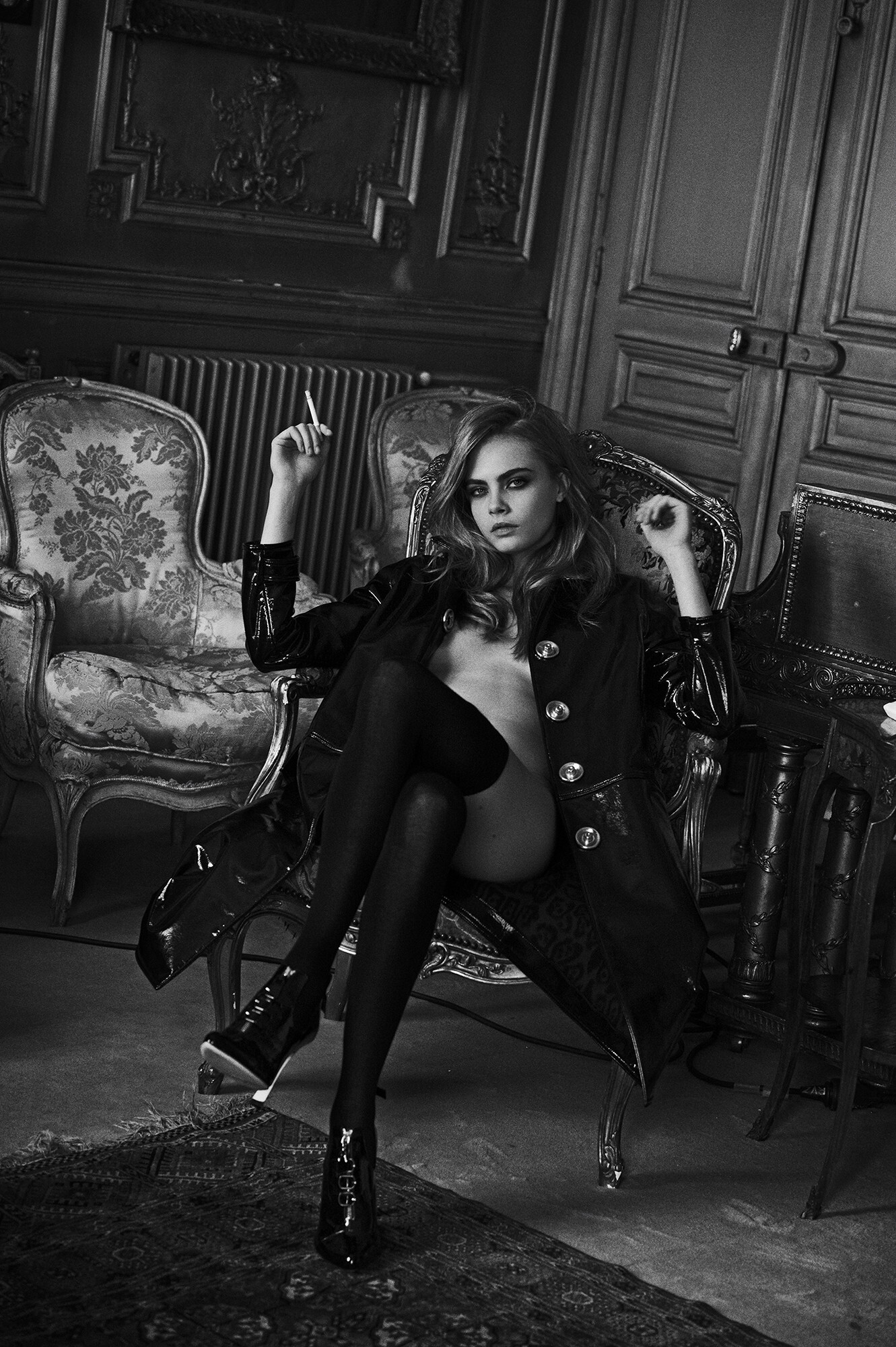 Cara delevingne - NSFW, Girls, Erotic, Boobs, Nudity, Long hair, Stockings, Celebrities, Black and white photo, Longpost