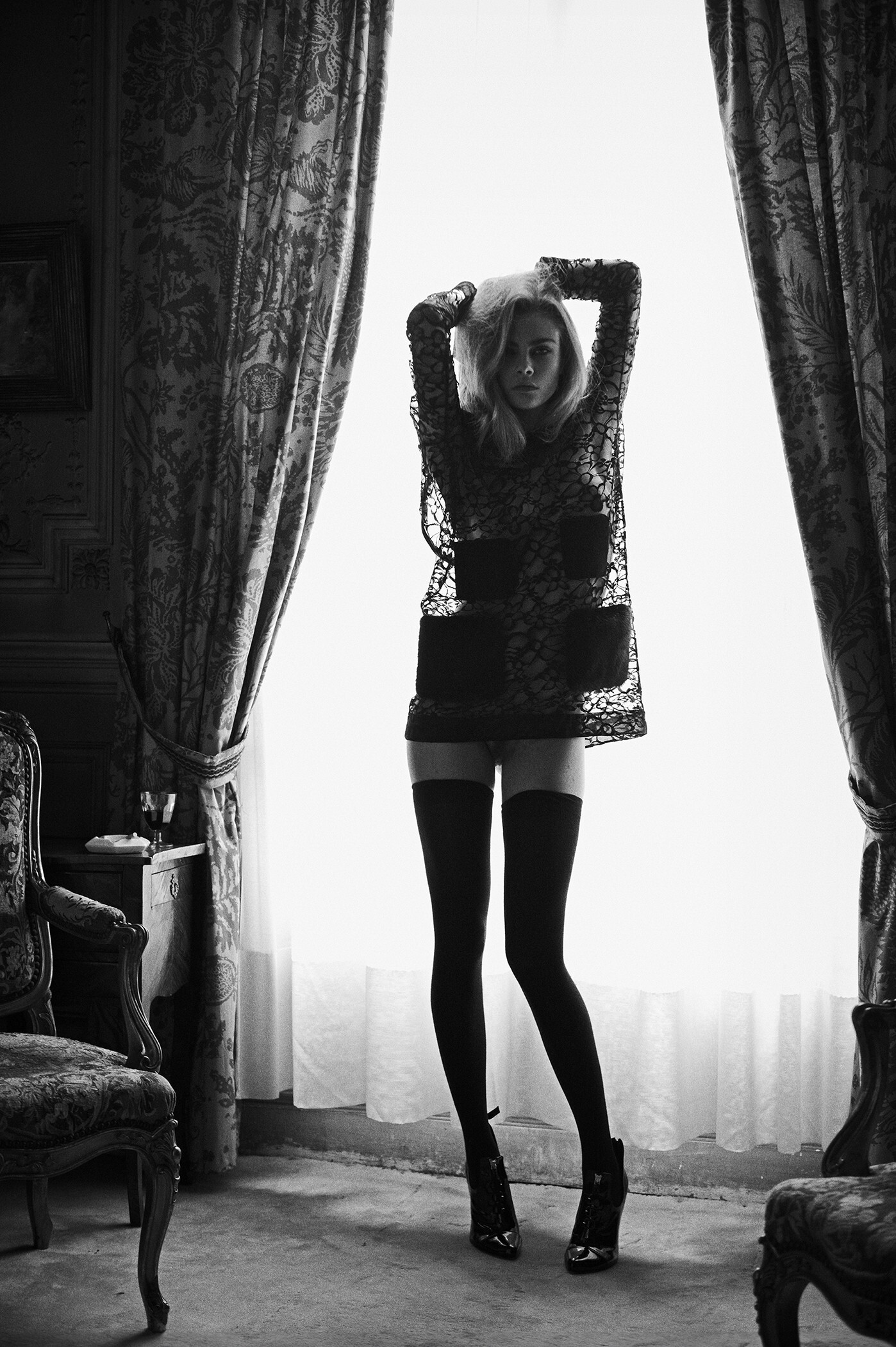 Cara delevingne - NSFW, Girls, Erotic, Boobs, Nudity, Long hair, Stockings, Celebrities, Black and white photo, Longpost