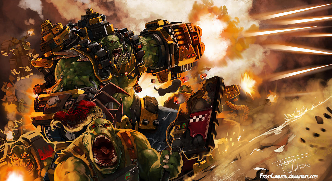 A couple of warbosses and a small WAAAAGH! - Warhammer 40k, Wh Art, Xenos, Orcs, Waaagh!, Longpost