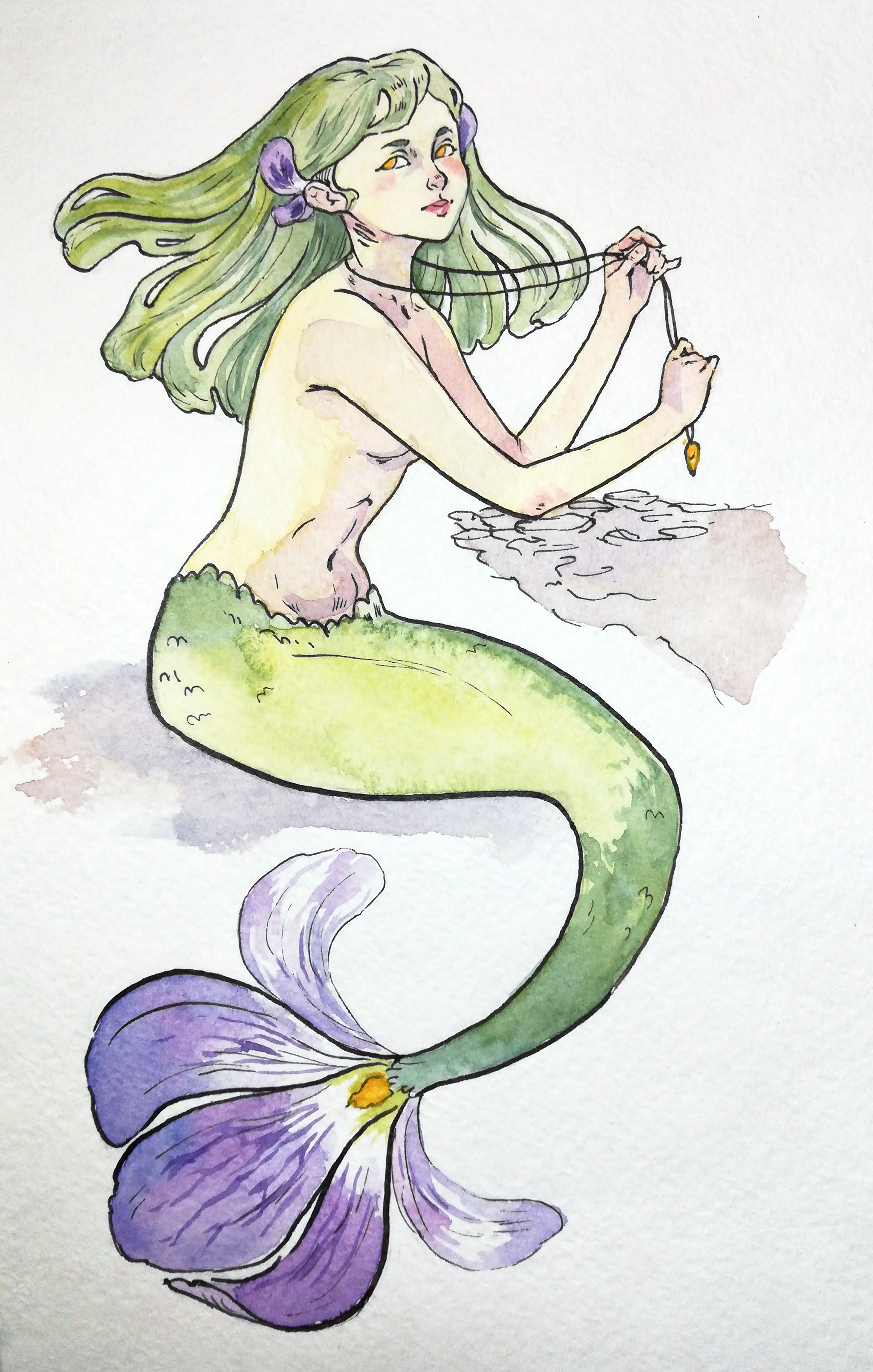 Mermay 2018 - Моё, Традиционный арт, Набросок, Рисование, Mermay, Челлендж, Акварель, Русалка, Цветы, Нарциссы цветы, Черемуха, Крокус, Мать-и-Мачеха, Длиннопост