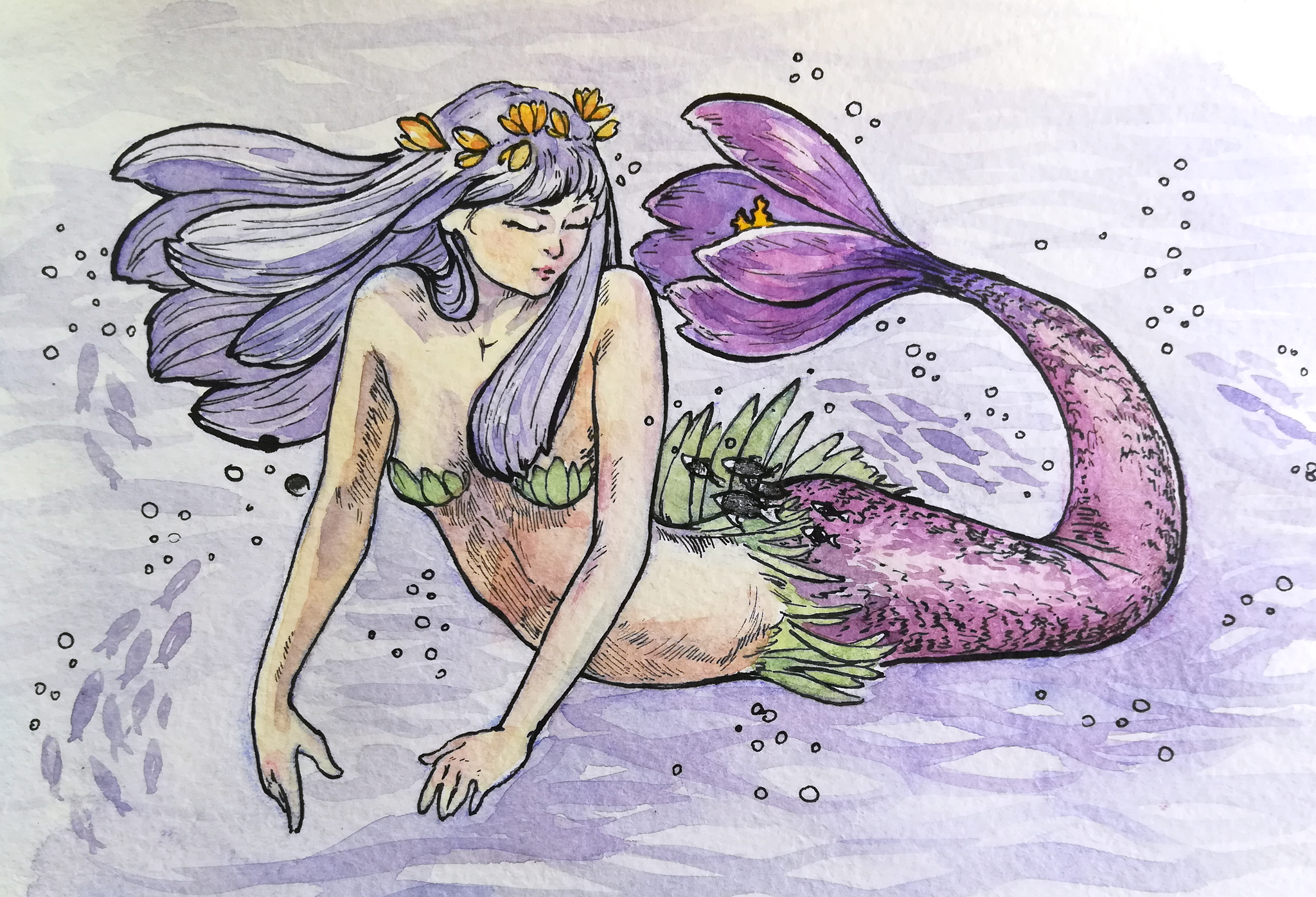 Mermay 2018 - Моё, Традиционный арт, Набросок, Рисование, Mermay, Челлендж, Акварель, Русалка, Цветы, Нарциссы цветы, Черемуха, Крокус, Мать-и-Мачеха, Длиннопост