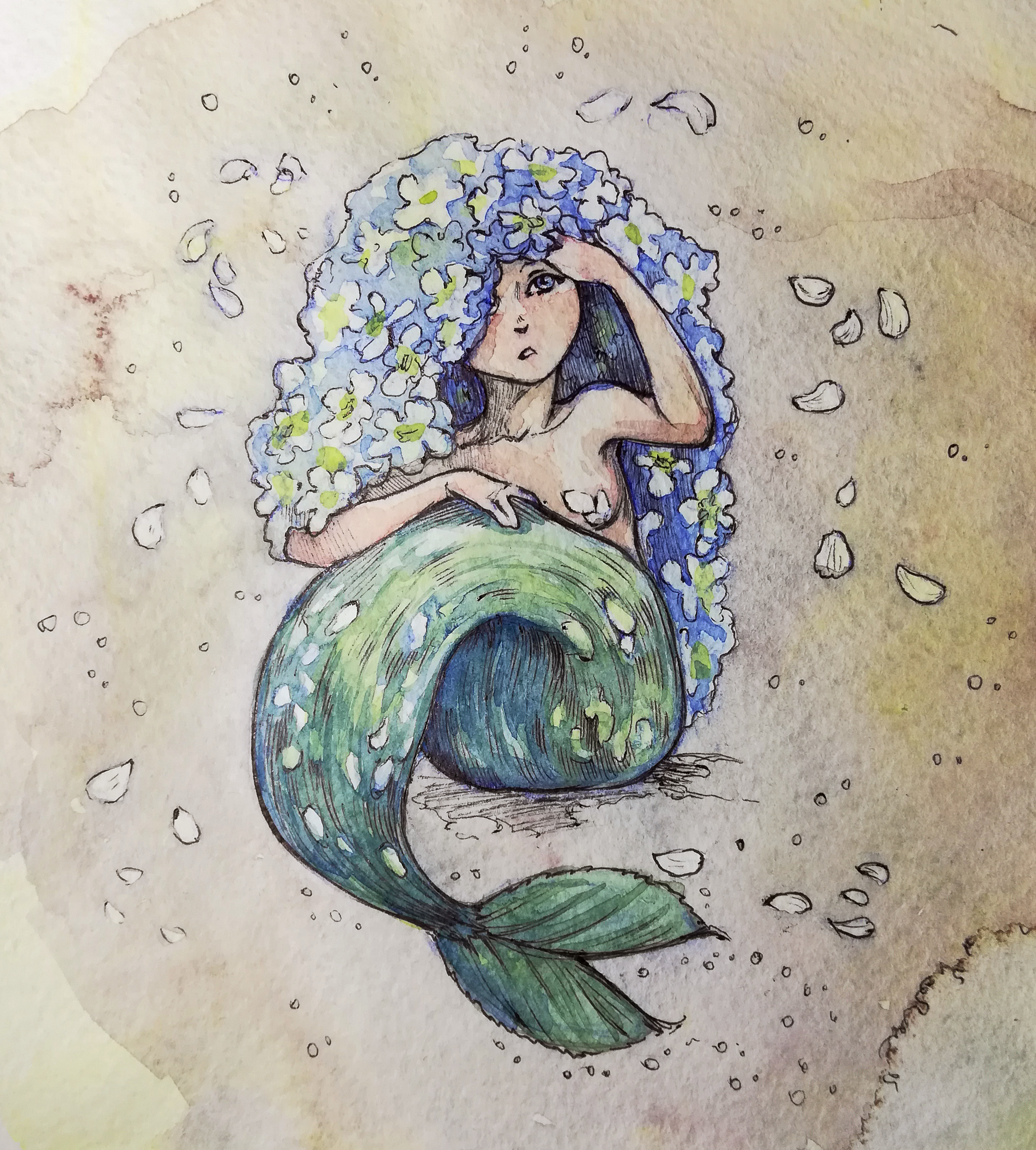 Mermay 2018 - Моё, Традиционный арт, Набросок, Рисование, Mermay, Челлендж, Акварель, Русалка, Цветы, Нарциссы цветы, Черемуха, Крокус, Мать-и-Мачеха, Длиннопост