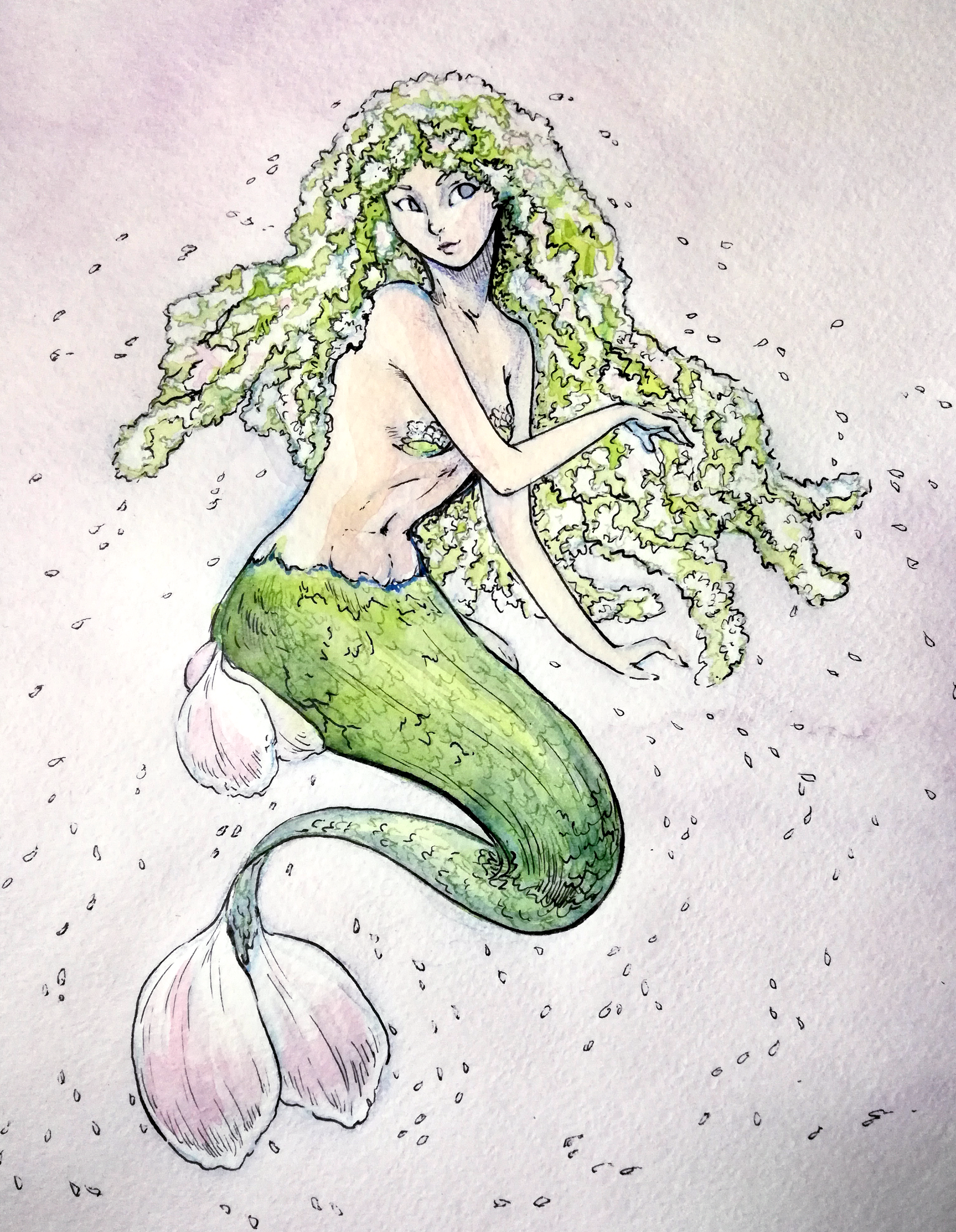 Mermay 2018 - Моё, Традиционный арт, Набросок, Рисование, Mermay, Челлендж, Акварель, Русалка, Цветы, Нарциссы цветы, Черемуха, Крокус, Мать-и-Мачеха, Длиннопост