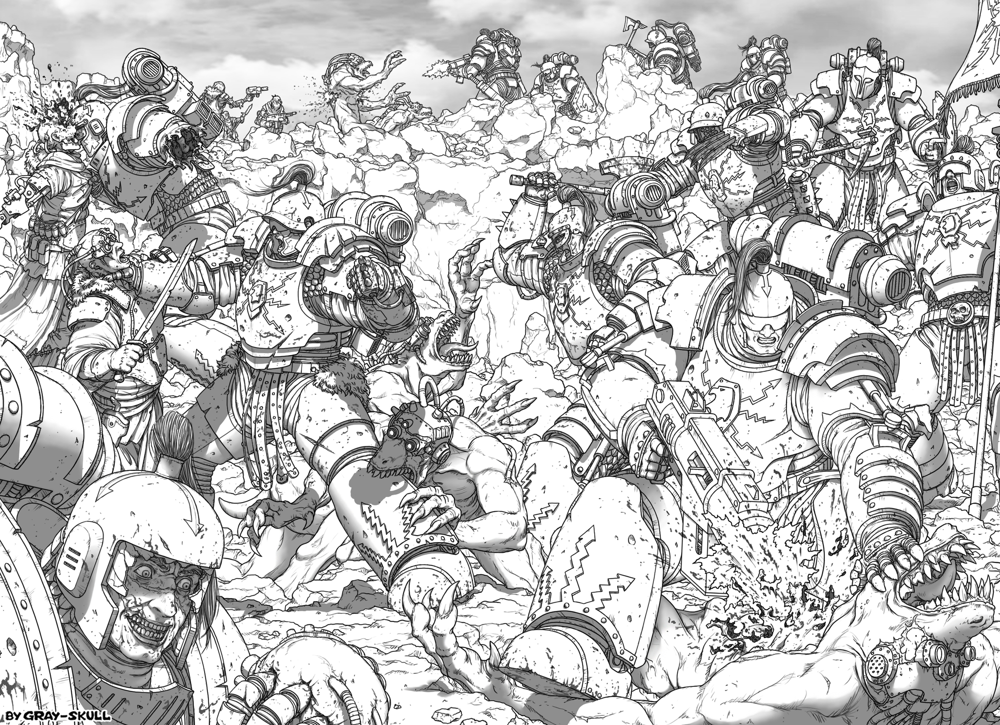 Thunder Warriors (art to order) (by Gray-Skull) - My, Warhammer 40k, Warhammer, Wh Art, Gray-skull, Thunder Warriors, Art, Drawing, Black and white