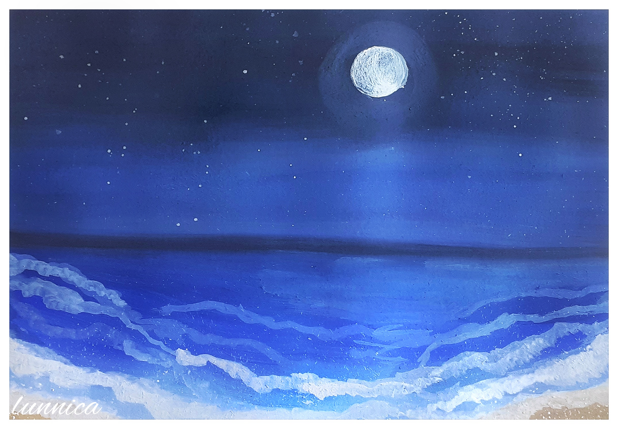 Night Sea - My, Sea, Gouache, Art, moon