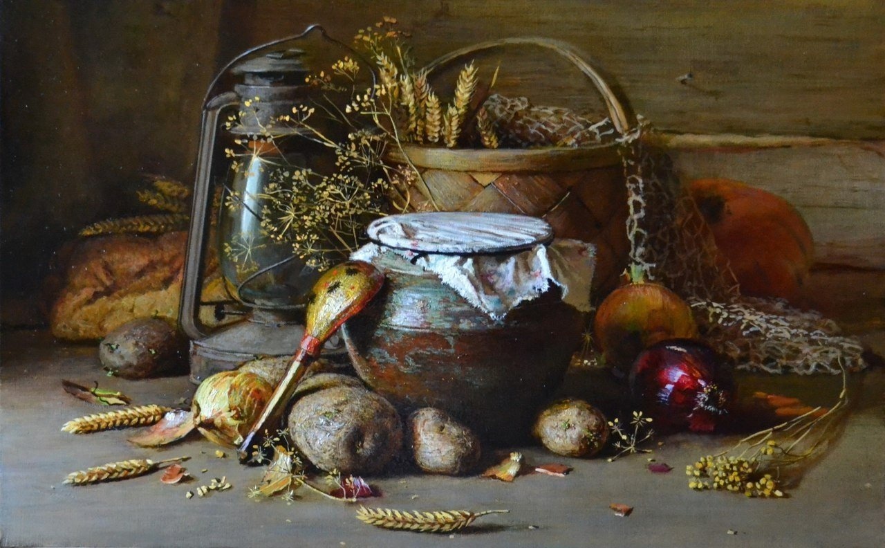 Still lifes by Yuri Nikolaev - Art, Still life, Hyperrealism, Bread, Vegetables, Dishes in pots, Longpost