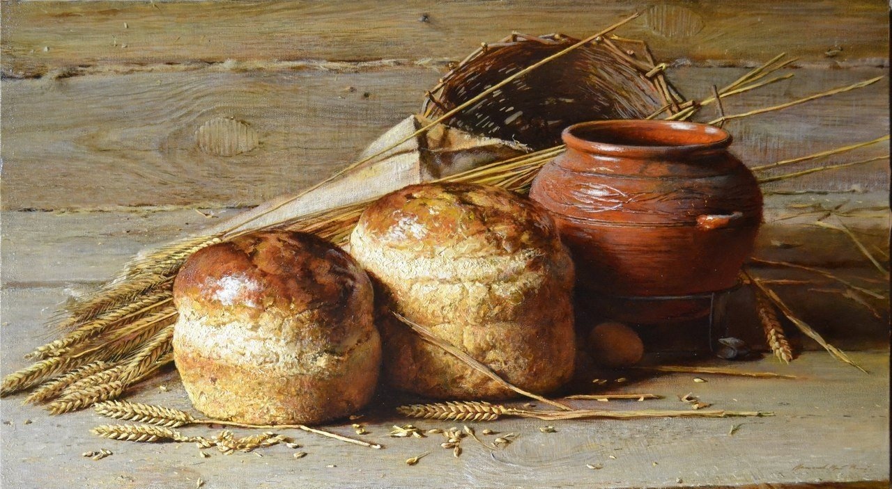 Still lifes by Yuri Nikolaev - Art, Still life, Hyperrealism, Bread, Vegetables, Dishes in pots, Longpost