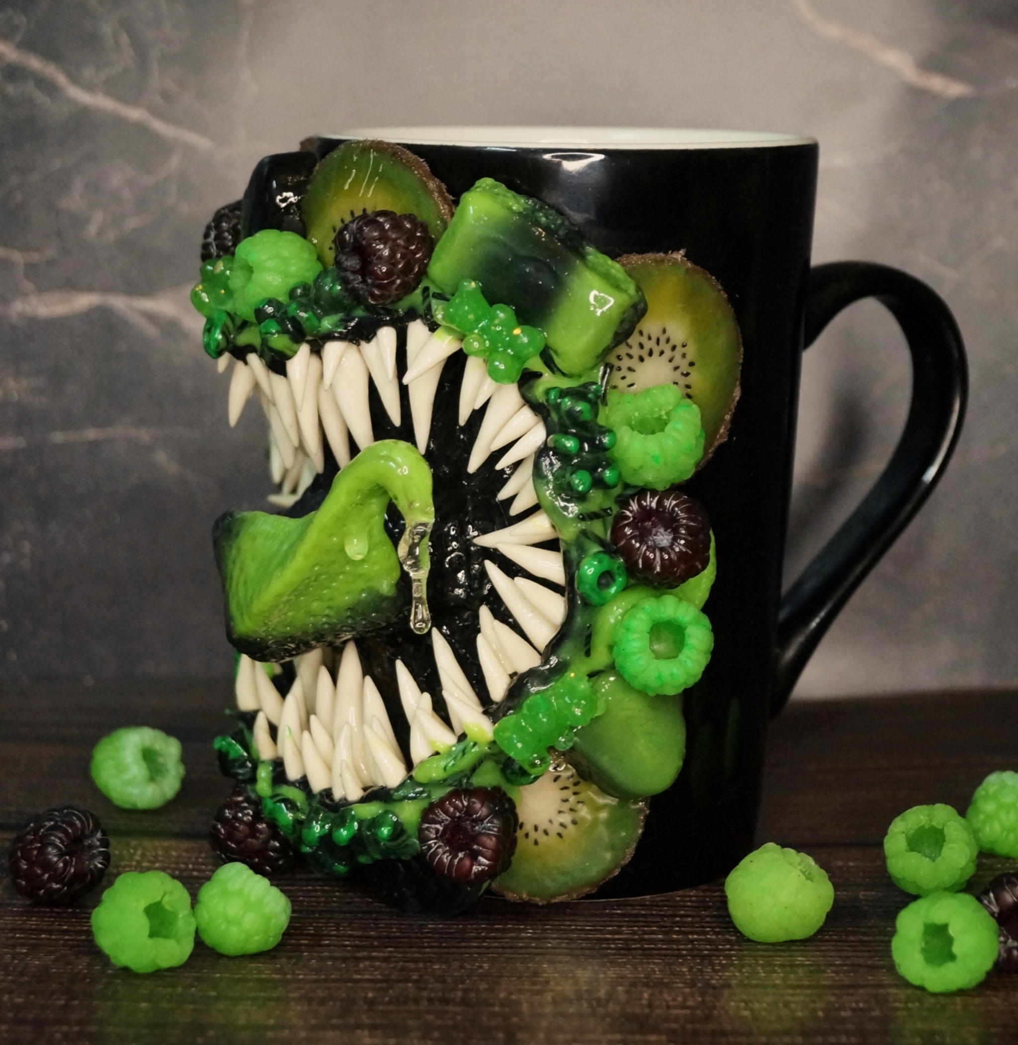 Daring handmade toothy neon mug - My, Needlework without process, Polymer clay, Presents, Neon, Cool, Exclusive, Berries, Фрукты, Handmade, Realism, Creation, Art, Modern Art, Rock, Longpost