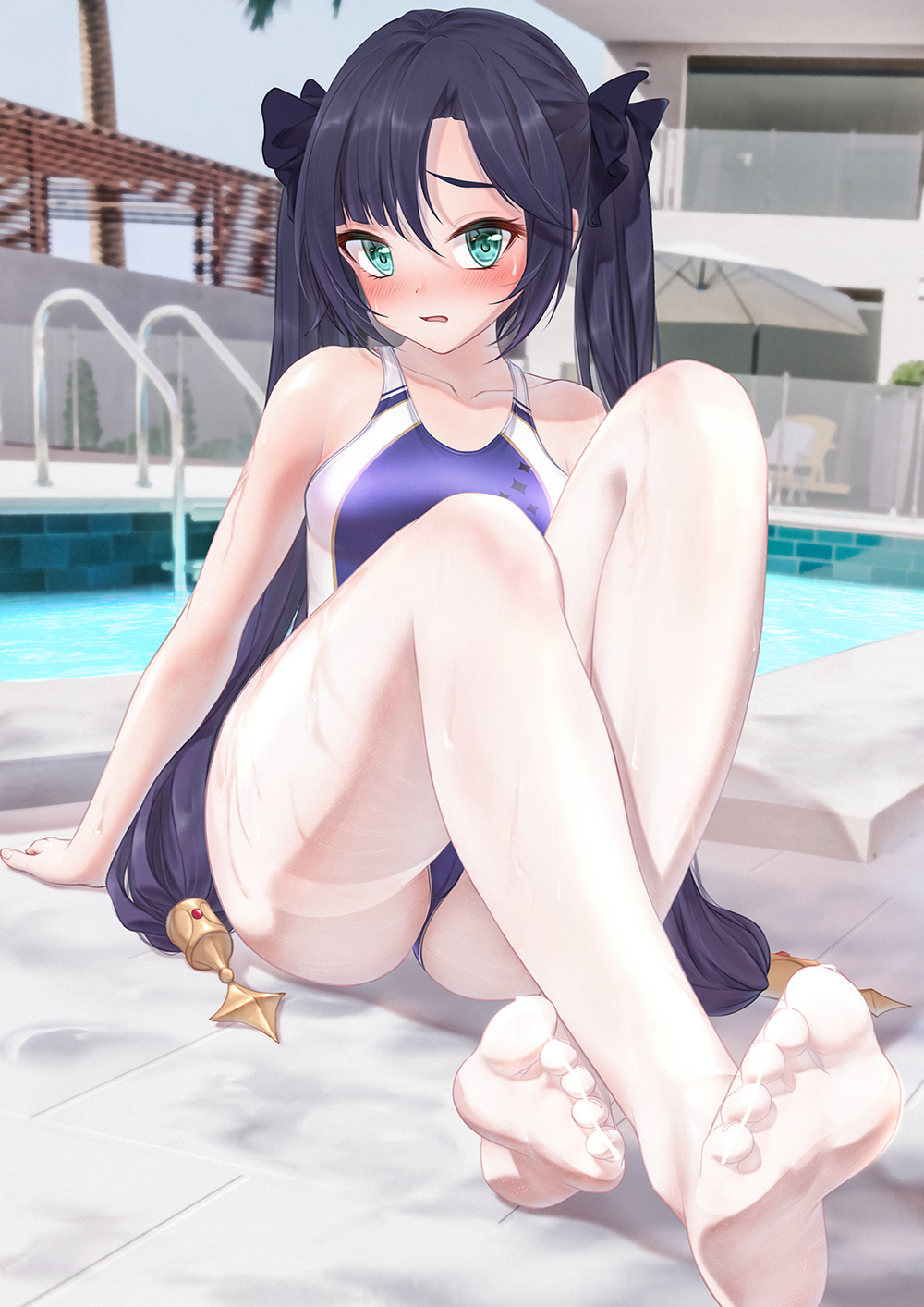 Good morning, people of high culture - Anime, Anime art, Genshin impact, Mona, Tights, Foot fetish, Swimsuit, Longpost