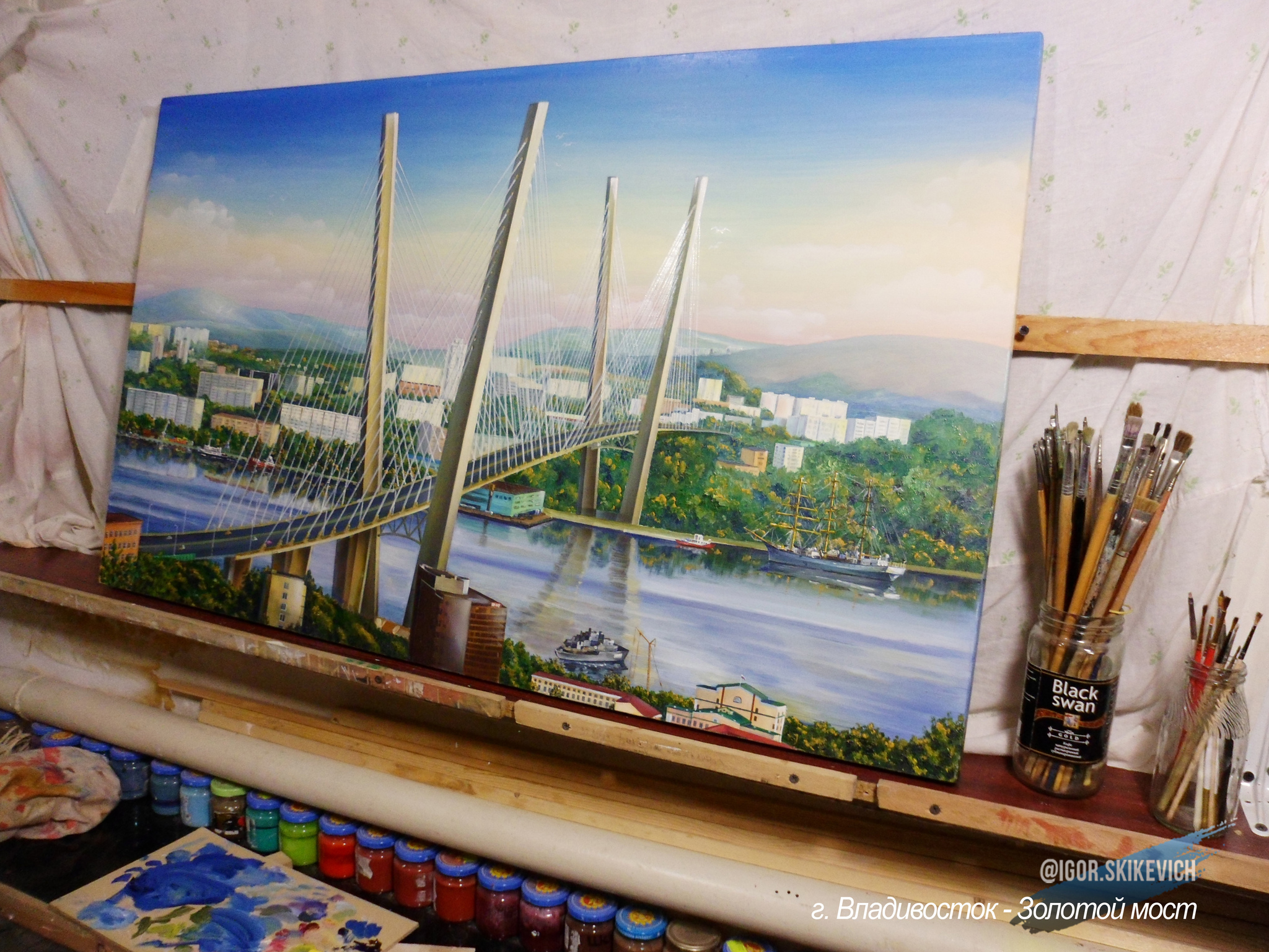 Oil painting ! - GOLDEN BRIDGE across the Golden Horn - My, sights, Disabled person, Beginner artist, Igor Skikevich, Motivation, Vladivostok, Golden Horn, Golden Bridge, Primorsky Krai, Longpost