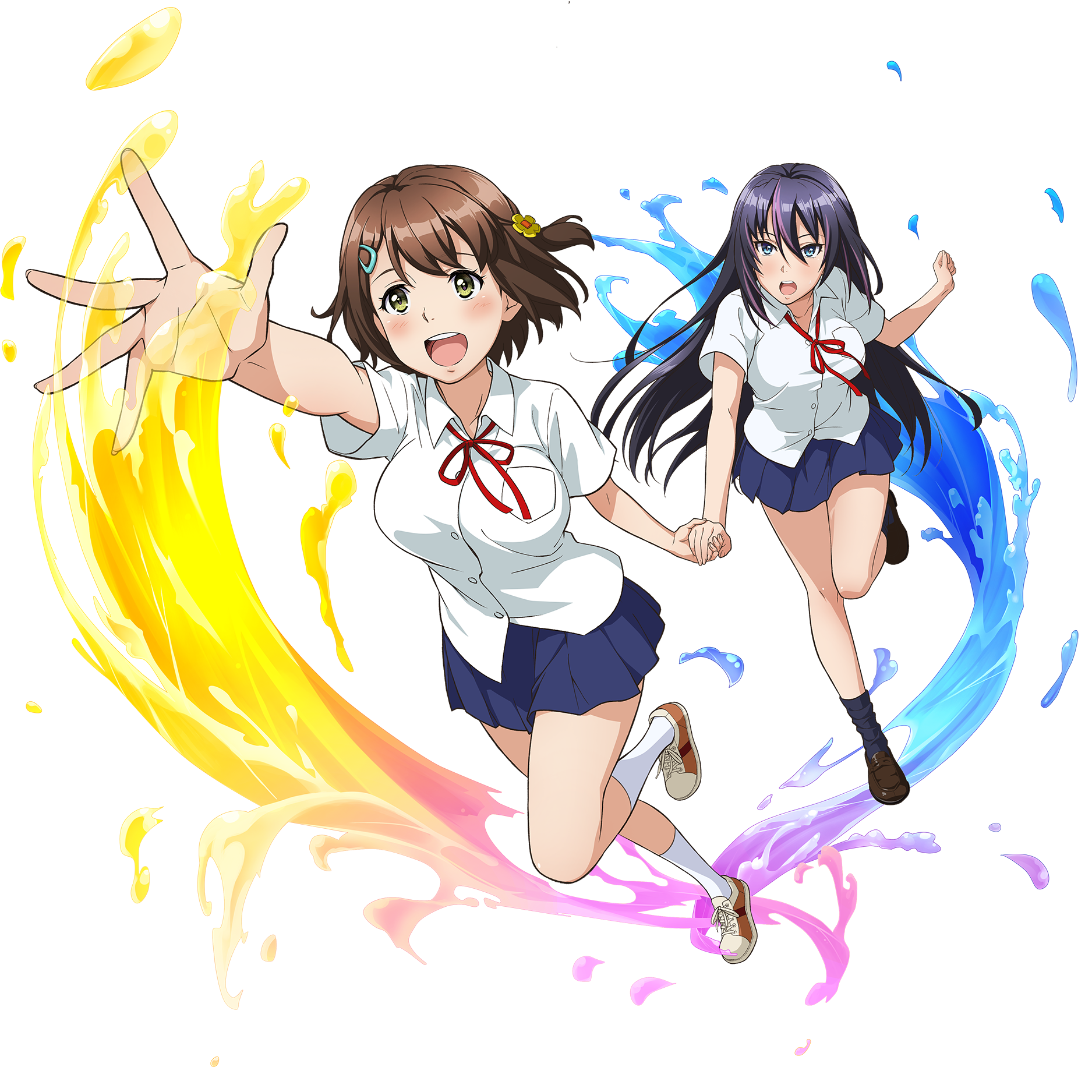 Kandagawa Jet Girls - Anime art, Anime, Girls, Drawing, Pixiv, PNG, Vectorart, Bodysuit, Seifuku, Holding hands, Run, Game art