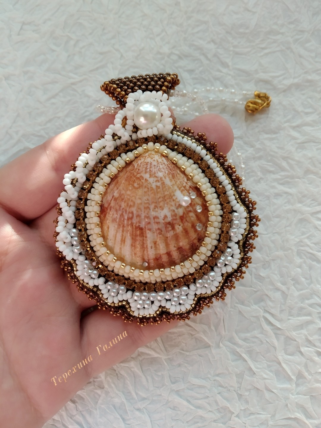 Pendant Shell in sea foam - My, Needlework without process, Creation, Handmade, Pendant, Seashells, With your own hands, Beading, Beadwork, Beads, Japanese beads, Longpost