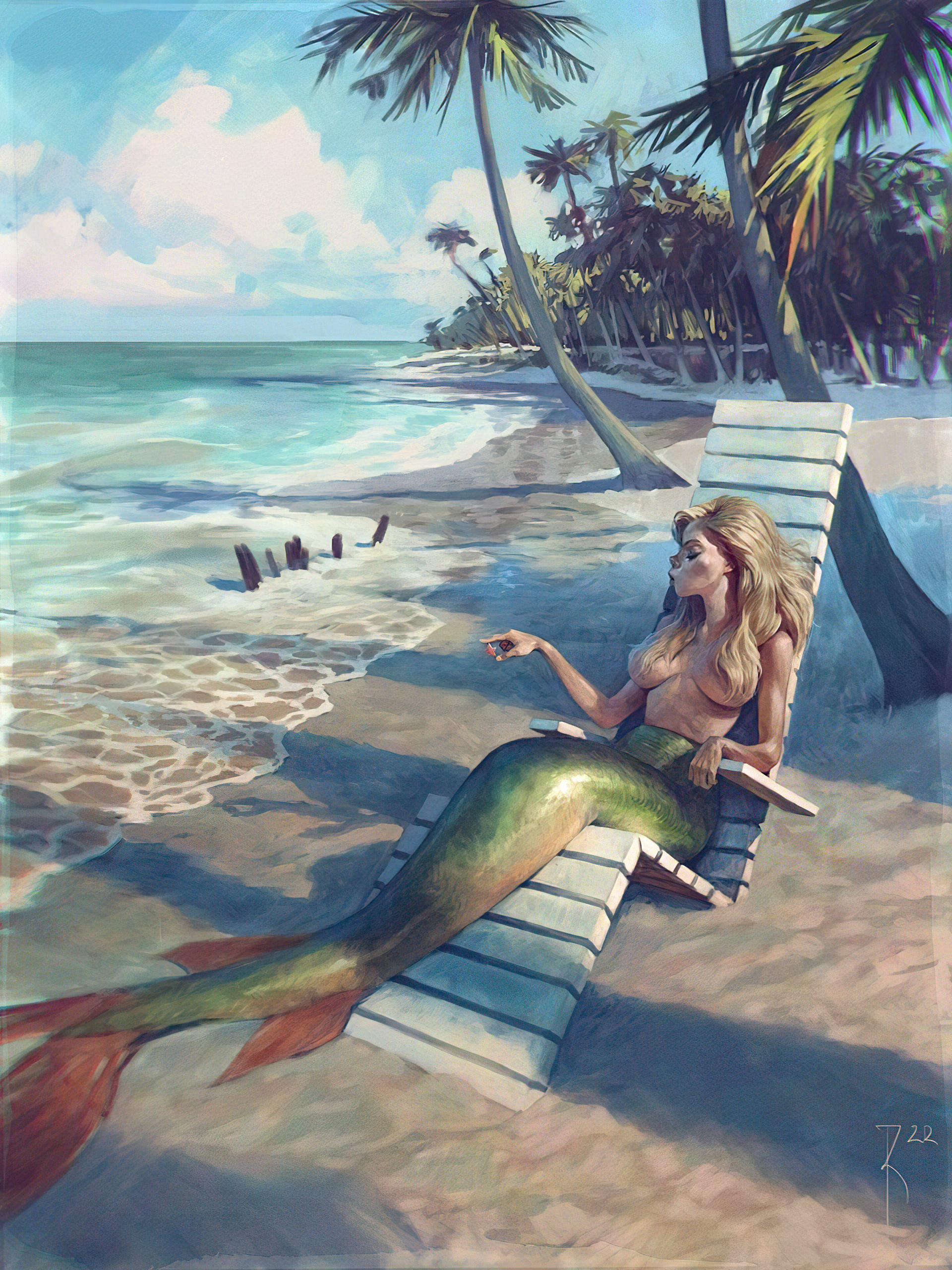 Mermaid rest - NSFW, Drawing, Mermaid, Girls, Beach, Waldemar Kazak, Art