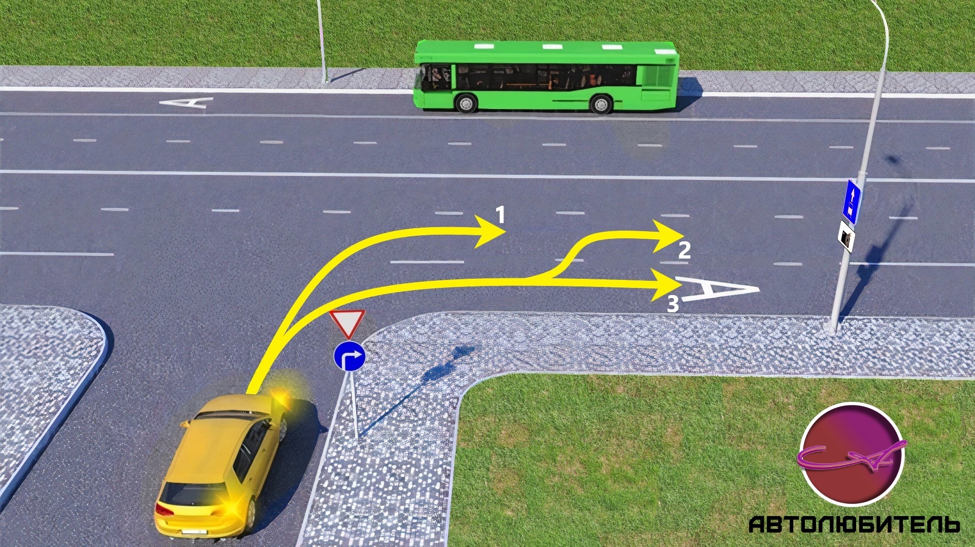 По какой из траекторий разрешен поворот направо? | Пикабу