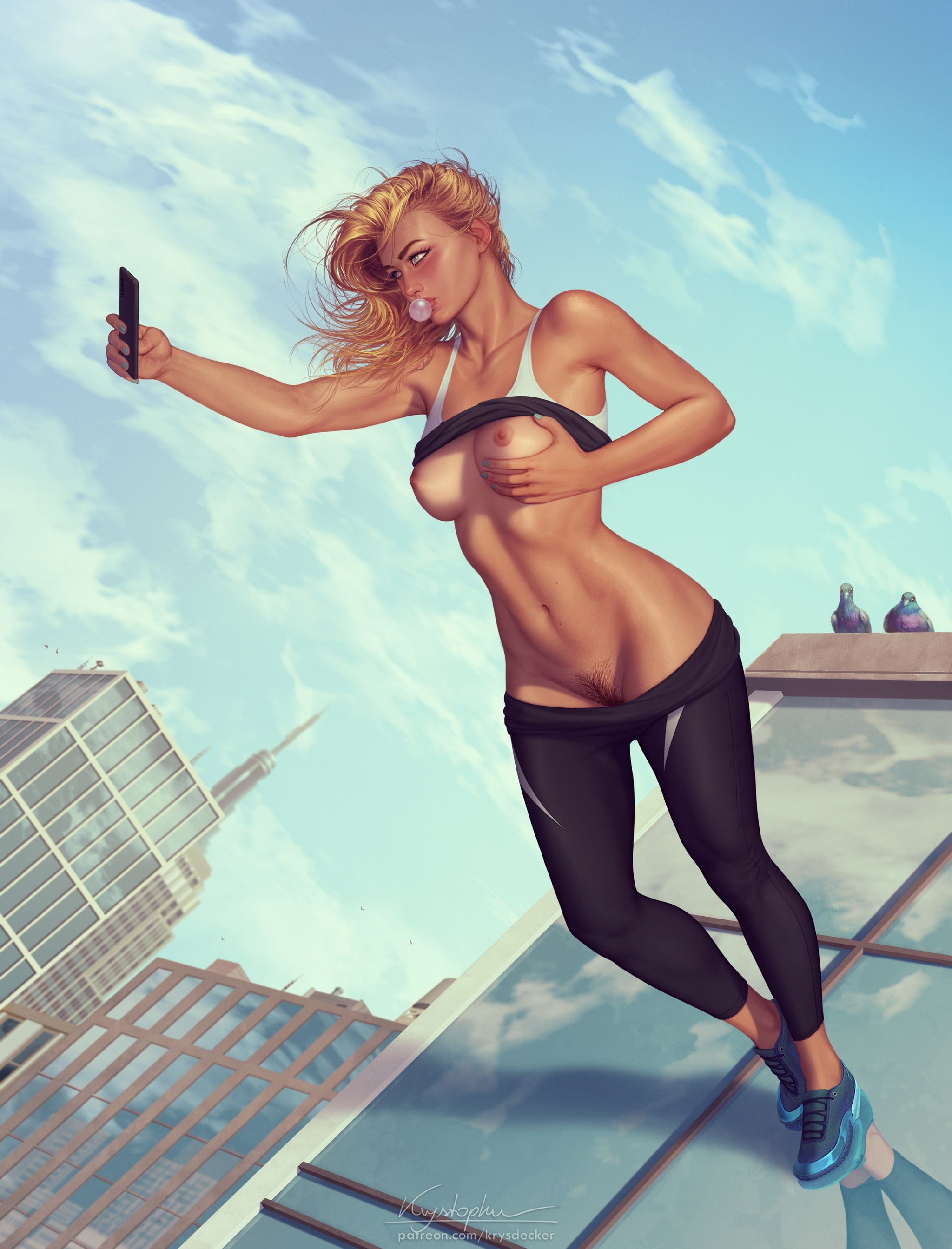 Selfie (continued) - NSFW, Art, Drawing, Marvel, Spiderman, Gwen Stacy, Girls, Erotic, Hand-drawn erotica, Without underwear, Boobs, Topless, Nudity, Pubis, Pubes, Strip, Superheroes, Selfie, Krysdecker, Longpost