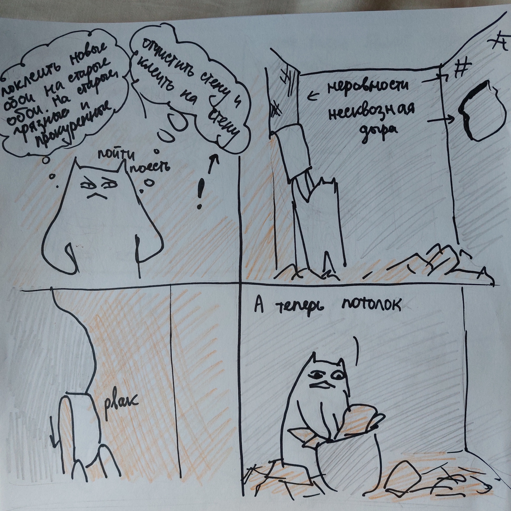 Cosmetic repairs in an old house - My, cat, Comics, Repair, Drawing, Pen drawing, Longpost