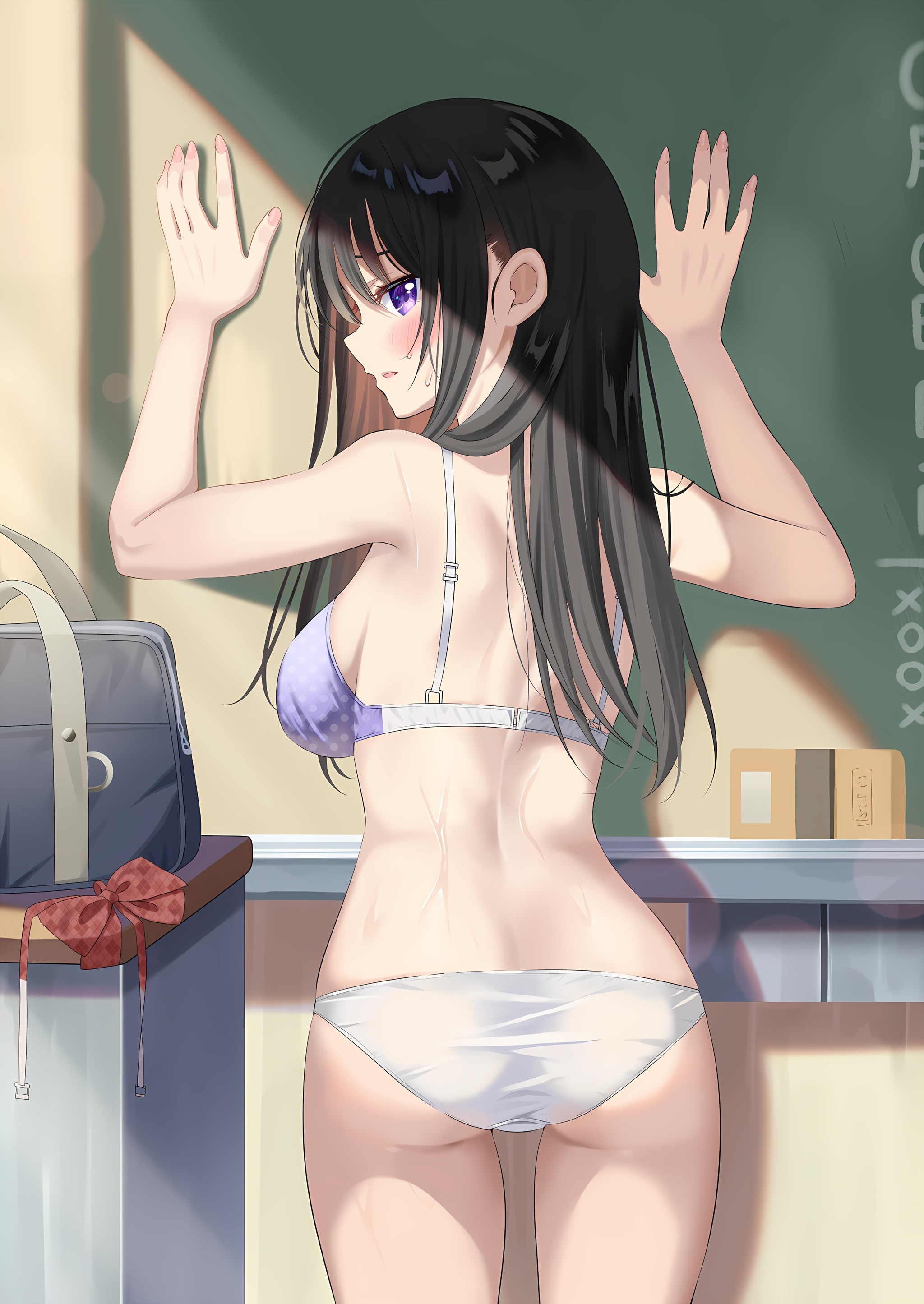 To the blackboard ! - NSFW, Art, Anime art, Original character, Girls, Erotic, Hand-drawn erotica, Underwear, Boobs, Booty, Pantsu, Back view, Sweating, , Piyopoyo