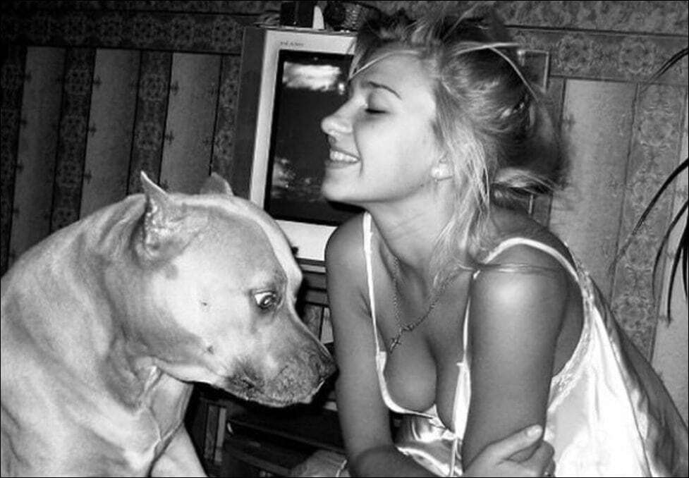 Eyes to eyes - Girls, Eyes, Black and white, Dog, Boobs