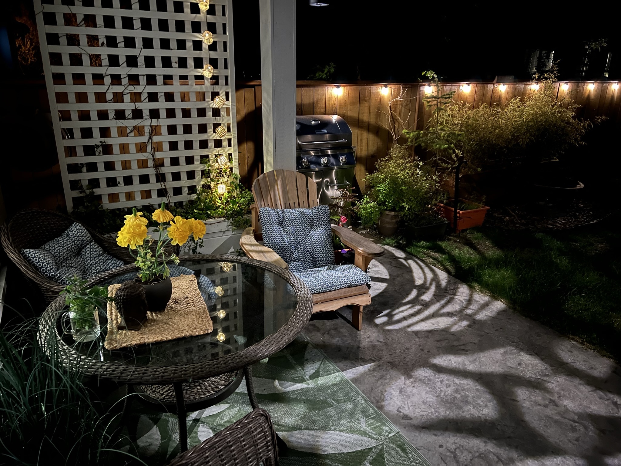 Yard - My, Courtyard, Night, Darkness, Spring, Table, Chair, Grass, Fence, Bulb, Light, Lighting, Silence, Calmness, beauty, Canada