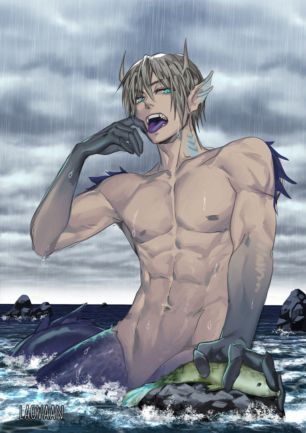 Merman - NSFW, Laovaan, Бисенен, Anime Art, Аниме, Original Character