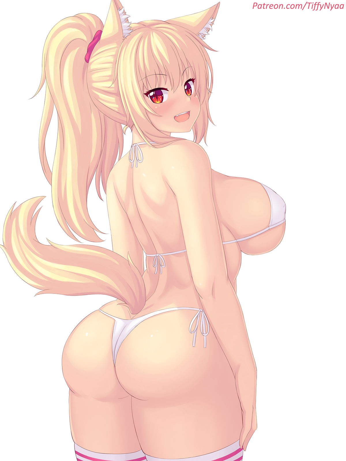 Hey! ) - NSFW, Anime art, Art, Girls, Hand-drawn erotica, Bikini, Booty, Tail, Neko, Animal ears, Boobs, Original character, Tiffy, Fastrunner2024