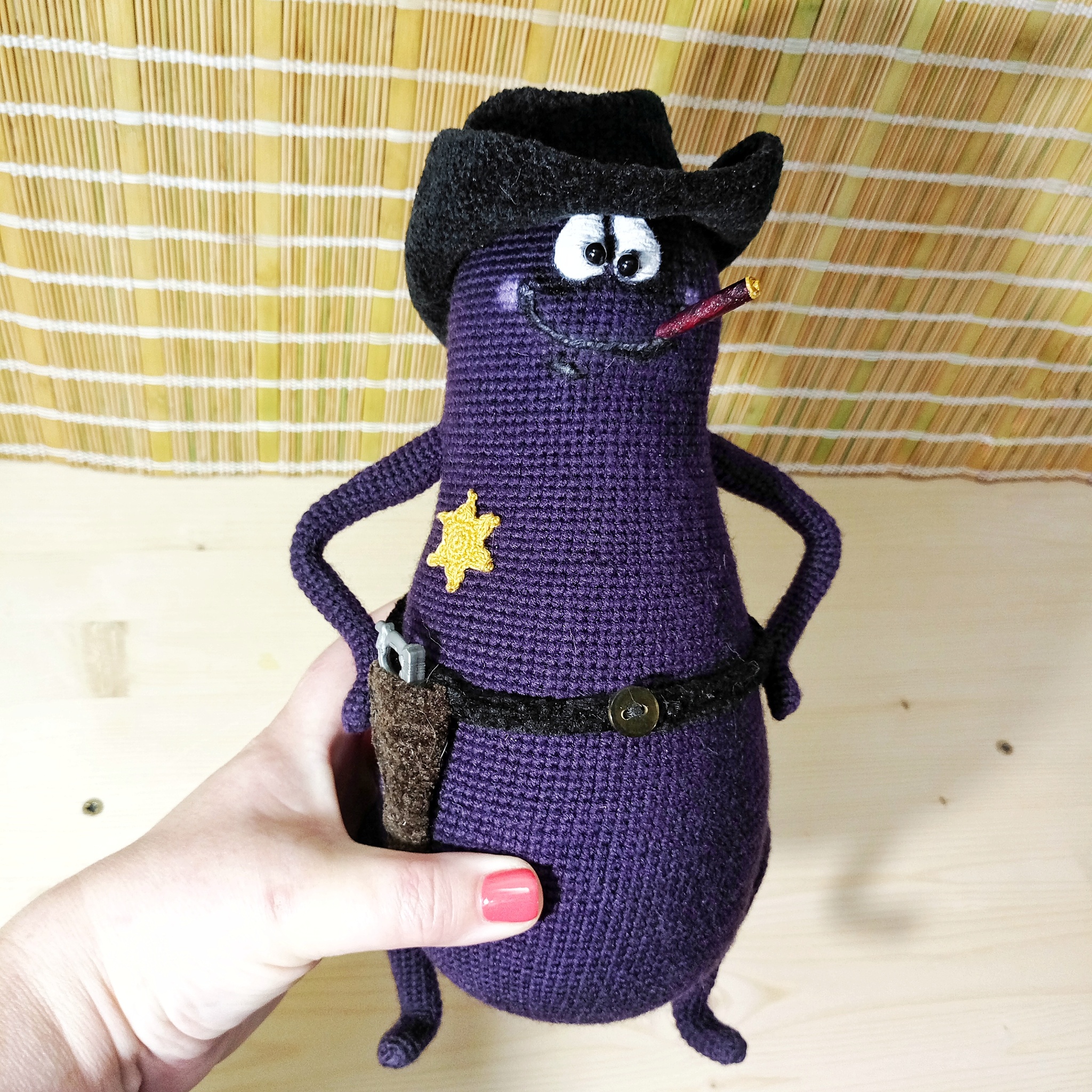 Eggplant Jalapeno - My, Needlework without process, Crochet, Knitted toys, Author's toy, Eggplant, Cowboy hat, Longpost