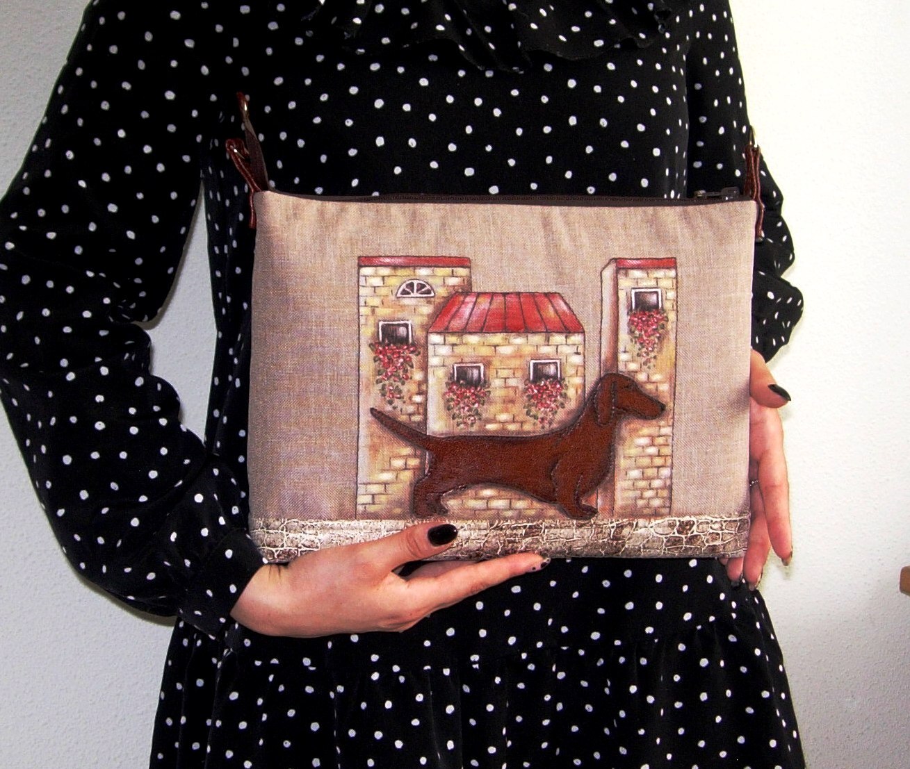 Clutch with dachshund) - My, Creation, Dachshund, Painting on fabric, Needlework without process, Clutch, With your own hands, Longpost