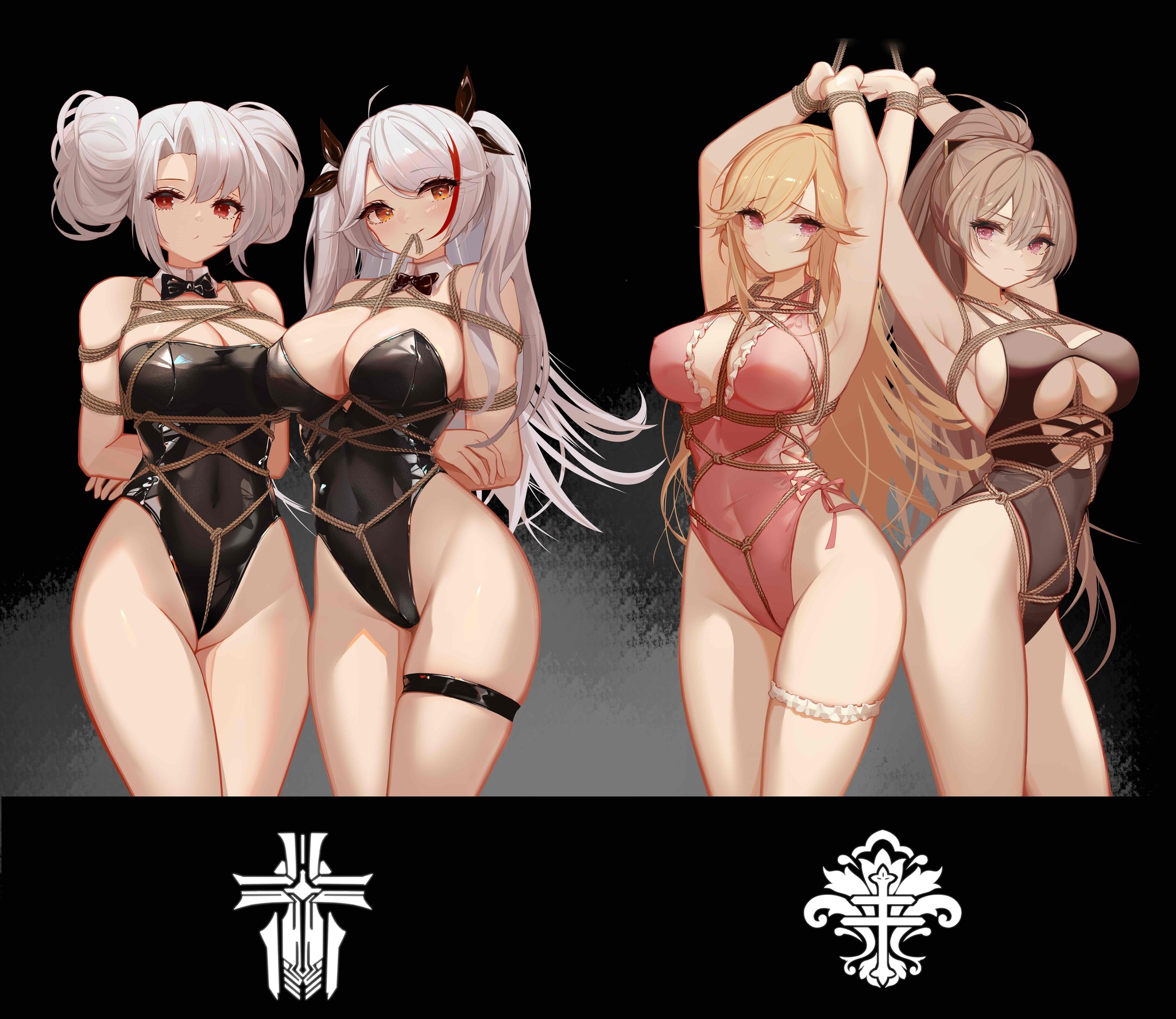 Azur Lane Shibari - NSFW, Anime, Anime art, Azur lane, Jean Bart, Prinz Eugen, Richelieu, Shibari, Boobs, Hand-drawn erotica, Erotic, Longpost, Prinz Adalbert