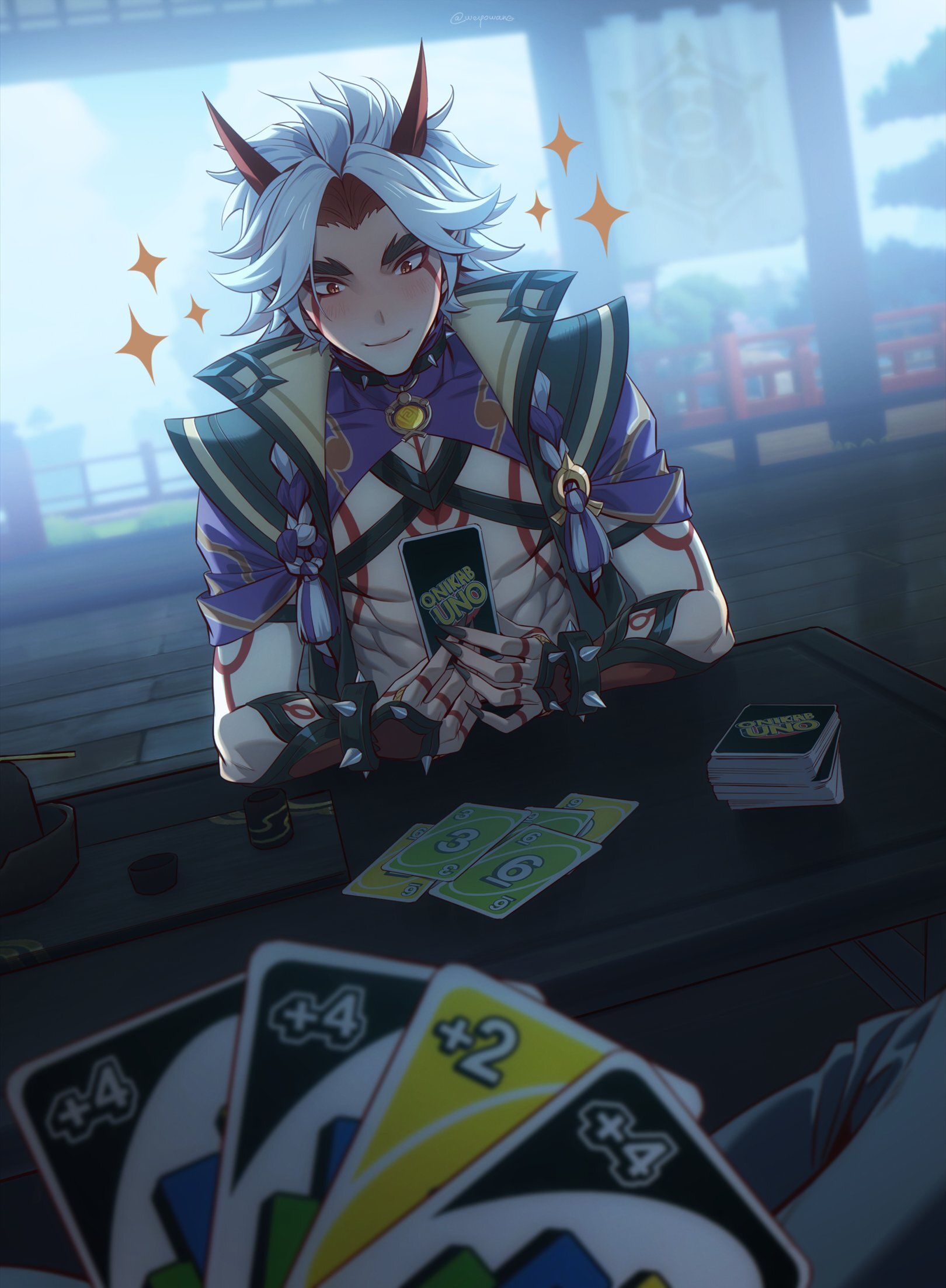 He will never win this game - Genshin impact, Anime art, Arataki Itto, Uno