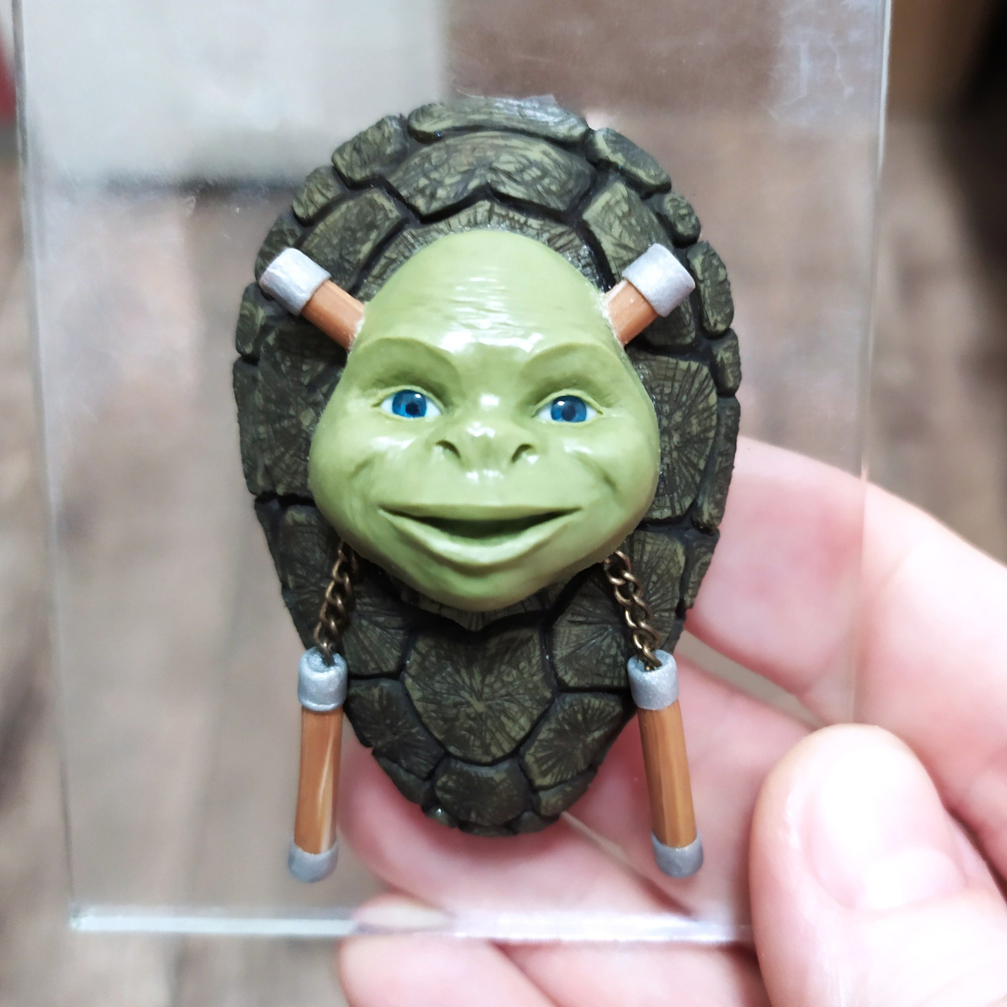 Michelangelo or Shrek in a mask - My, Needlework with process, Figurines, Лепка, Polymer clay, Brooch, Teenage Mutant Ninja Turtles, Decor, Craft, Handmade, Longpost