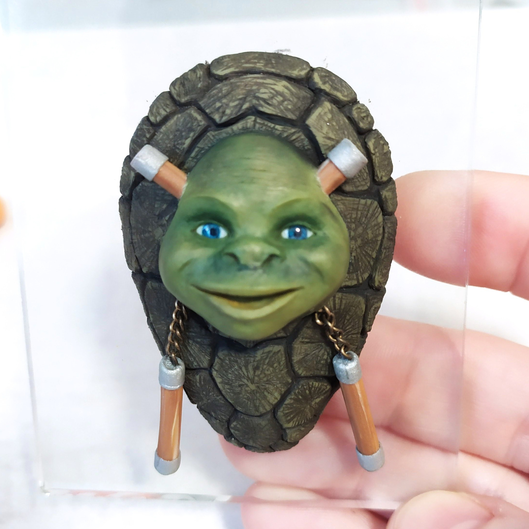 Michelangelo or Shrek in a mask - My, Needlework with process, Figurines, Лепка, Polymer clay, Brooch, Teenage Mutant Ninja Turtles, Decor, Craft, Handmade, Longpost