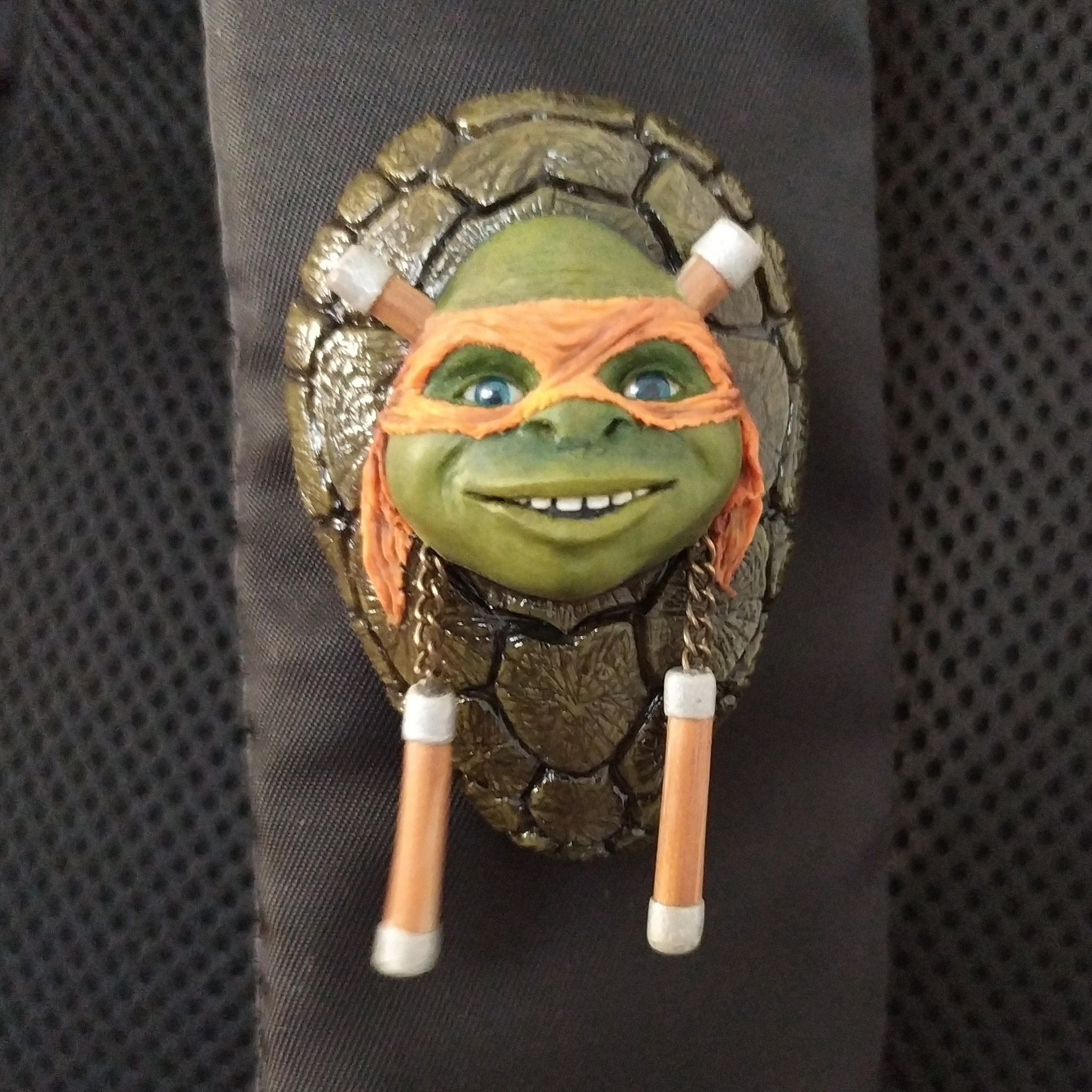 Michelangelo or Shrek in a mask - My, Needlework with process, Figurines, Лепка, Polymer clay, Brooch, Teenage Mutant Ninja Turtles, Decor, Craft, Handmade, Longpost