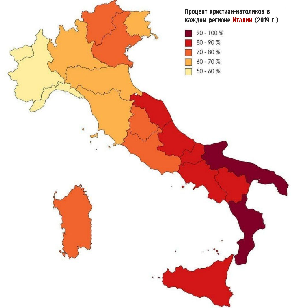 Percentage of Catholic Christians in each region of Italy (2019) - Cards, Italy