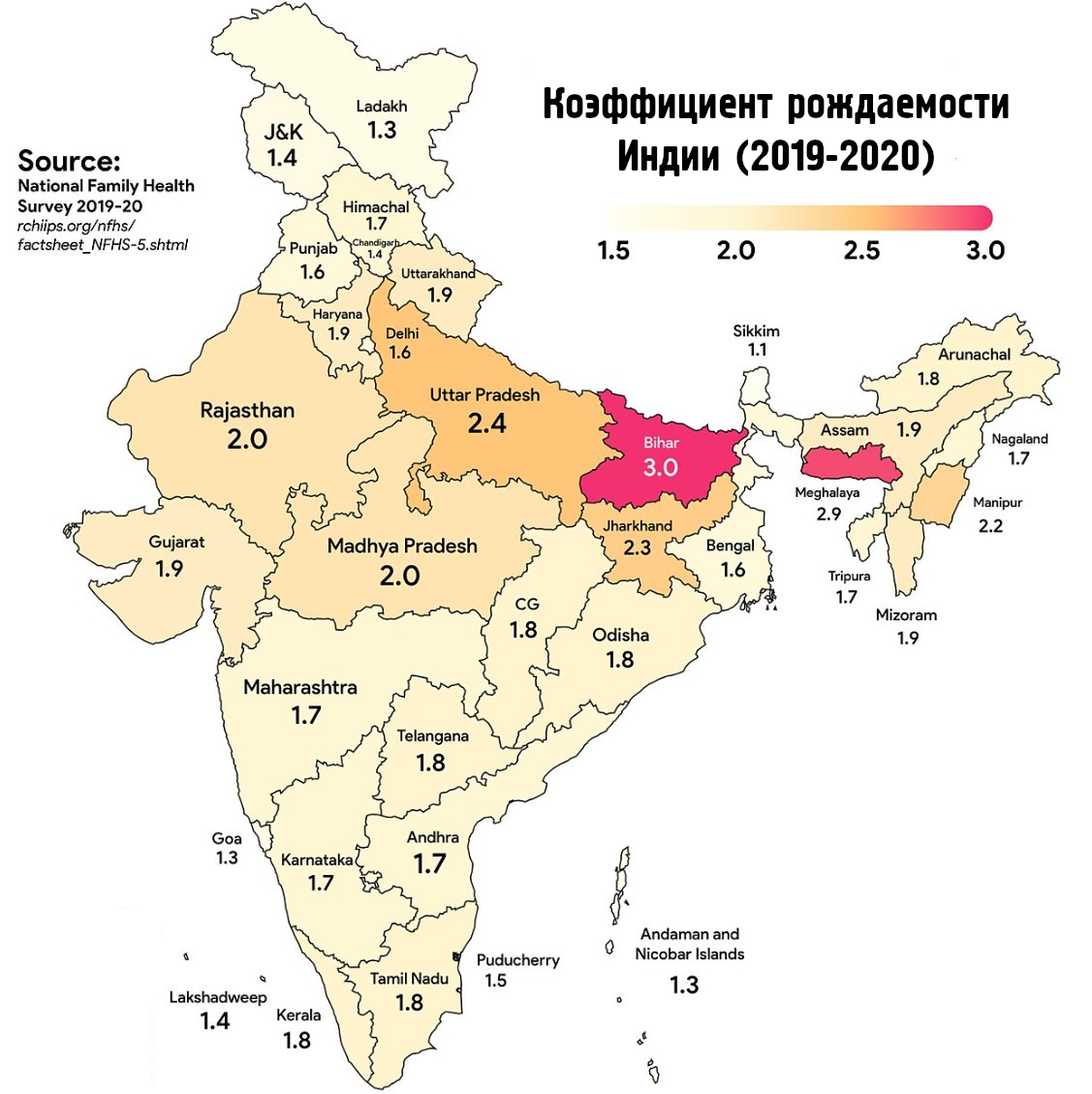 Коэффициент рождаемости в Индии в 2021 году впервые упал до значения 1,9 - Индия, Карты, Рождаемость, Статистика