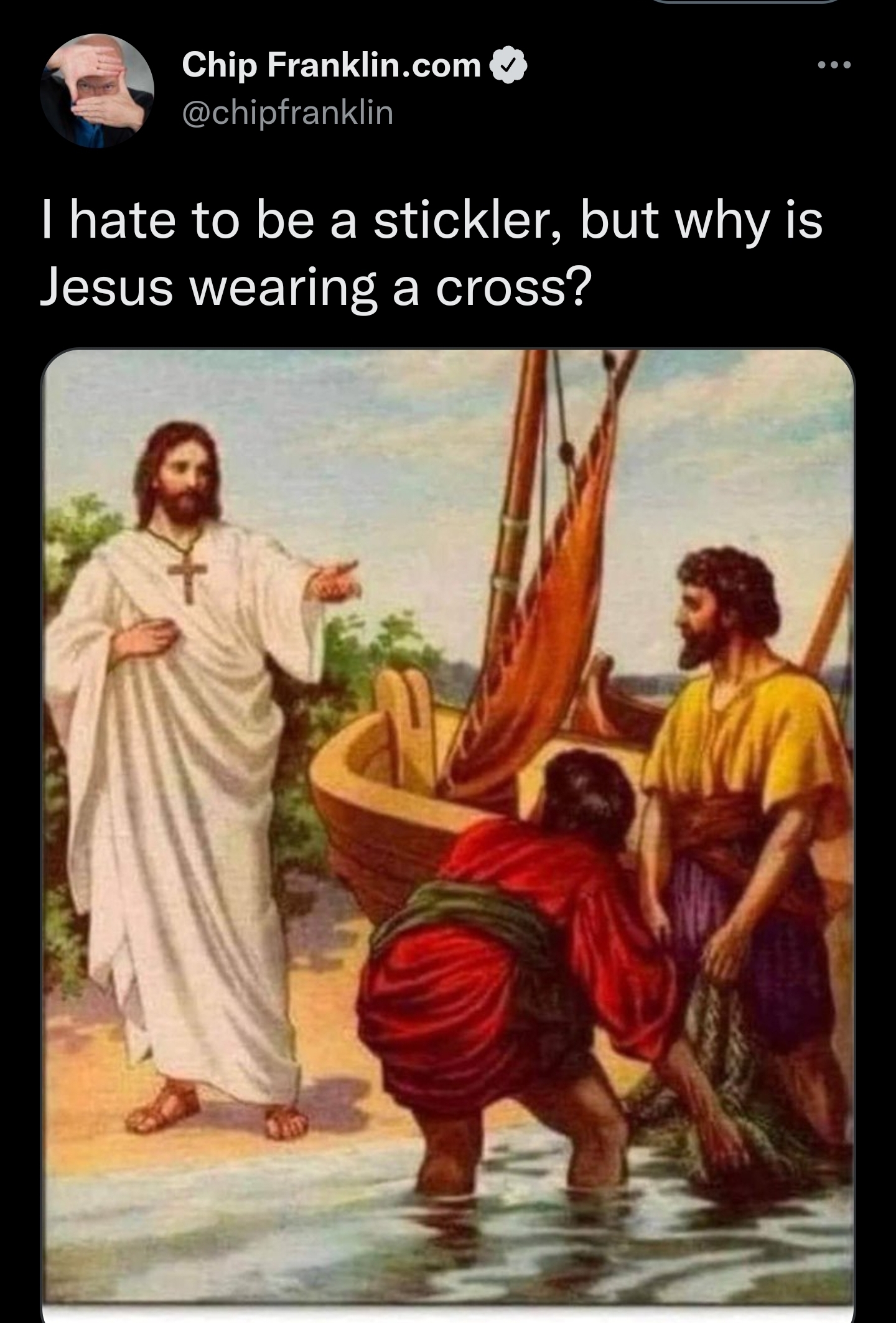 I hate to be boring, but why is Jesus wearing a cross? - Jesus Christ, Cross, Twitter, Screenshot, Photoshop