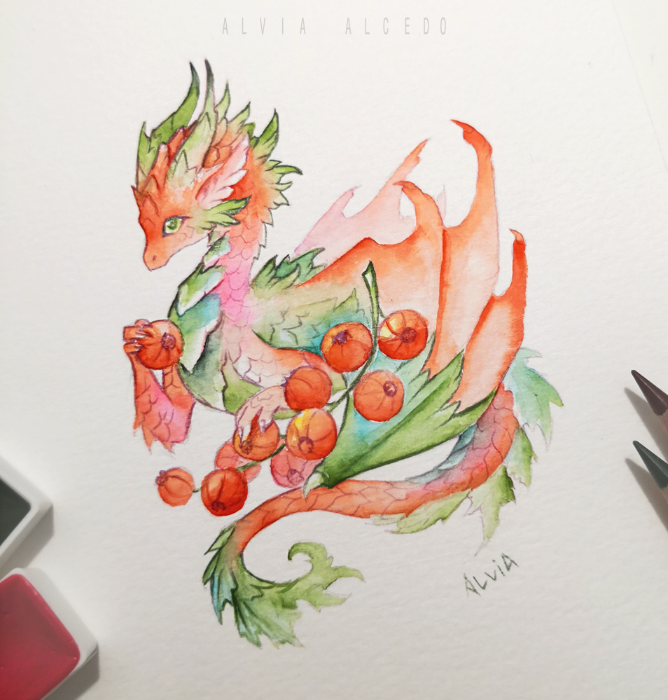 Cute dragons - Watercolor, Pencil drawing, Art, The Dragon, Alvia Alcedo, Rain, Flowers, Chanterelles, Ice cream, Red Ribes, Haku, Lamplighter, Emerald, Longpost