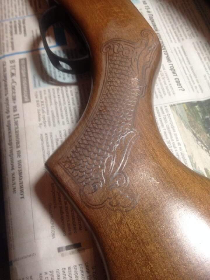 Woodwork part 1 (gun) - My, Creation, Needlework with process, Wood carving, Wood products, Woodworking, Gun, Airguns, Air rifle, Rifle, Thread, Inlay, Gamo, Butt, Lodge, Longpost