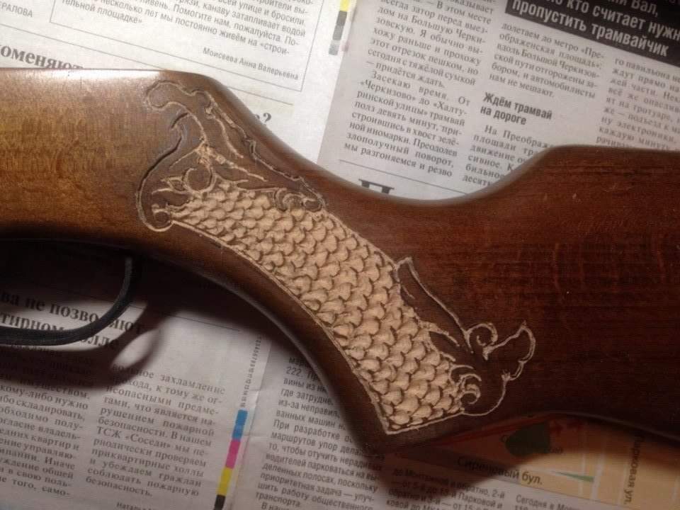 Woodwork part 1 (gun) - My, Creation, Needlework with process, Wood carving, Wood products, Woodworking, Gun, Airguns, Air rifle, Rifle, Thread, Inlay, Gamo, Butt, Lodge, Longpost