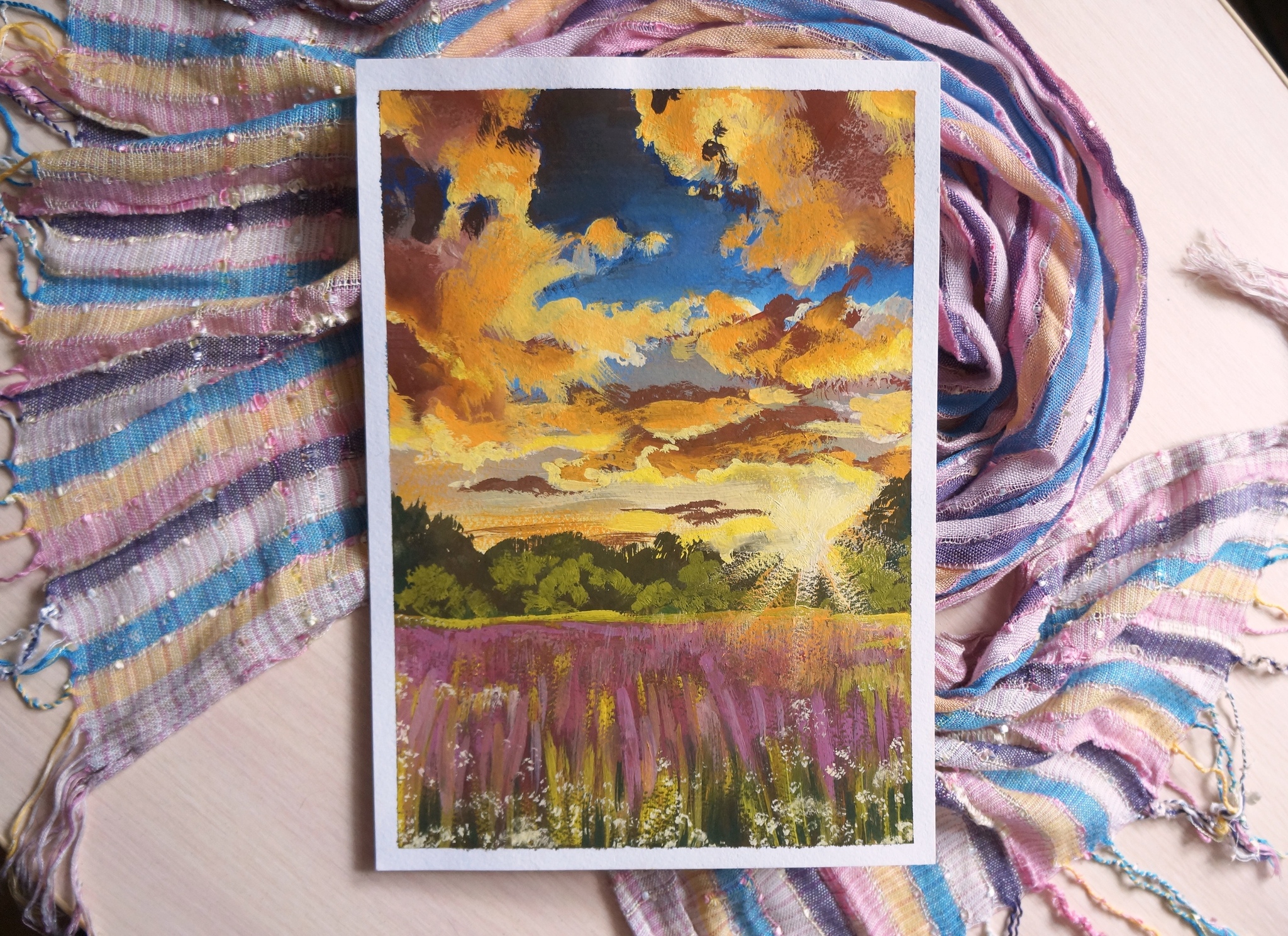 Happy first day of summer! - My, Creation, Nature, Painting, Landscape, Gouache, Flowers, Field, Painting, Sunset, Sunrise, Sky, Clouds, Video, Youtube, Longpost