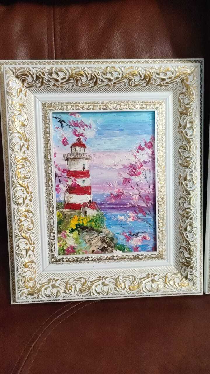 I want to share my joy - My, Artist, Palette knife, Painting, Sea, Sunset, Painting, Impressionism, Oil painting, Lighthouse, Longpost