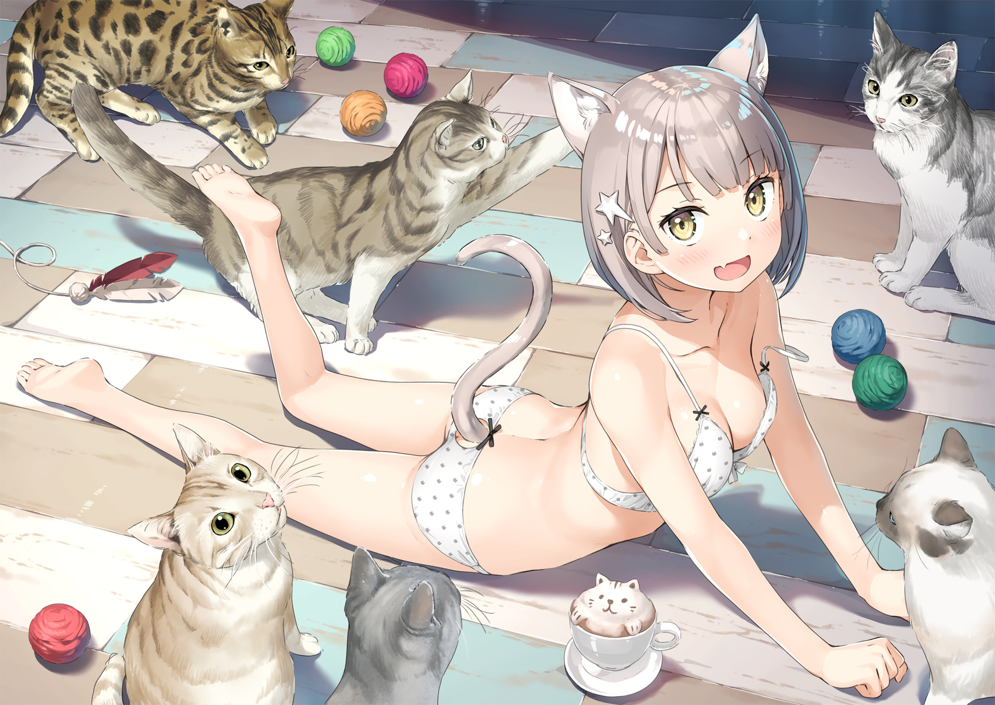 playful kitty - NSFW, Art, Anime art, Kantoku, 5 nenme no houkago, Original character, Neko, Girls, Erotic, Hand-drawn erotica, Underwear, Boobs, Booty, Pantsu, Animal ears, Tail, cat, Bend