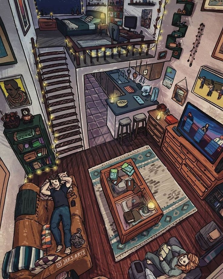 cozy - Drawing, Art, House, Cosiness, People, Animals, Interior, Longpost