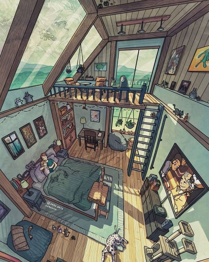 cozy - Drawing, Art, House, Cosiness, People, Animals, Interior, Longpost